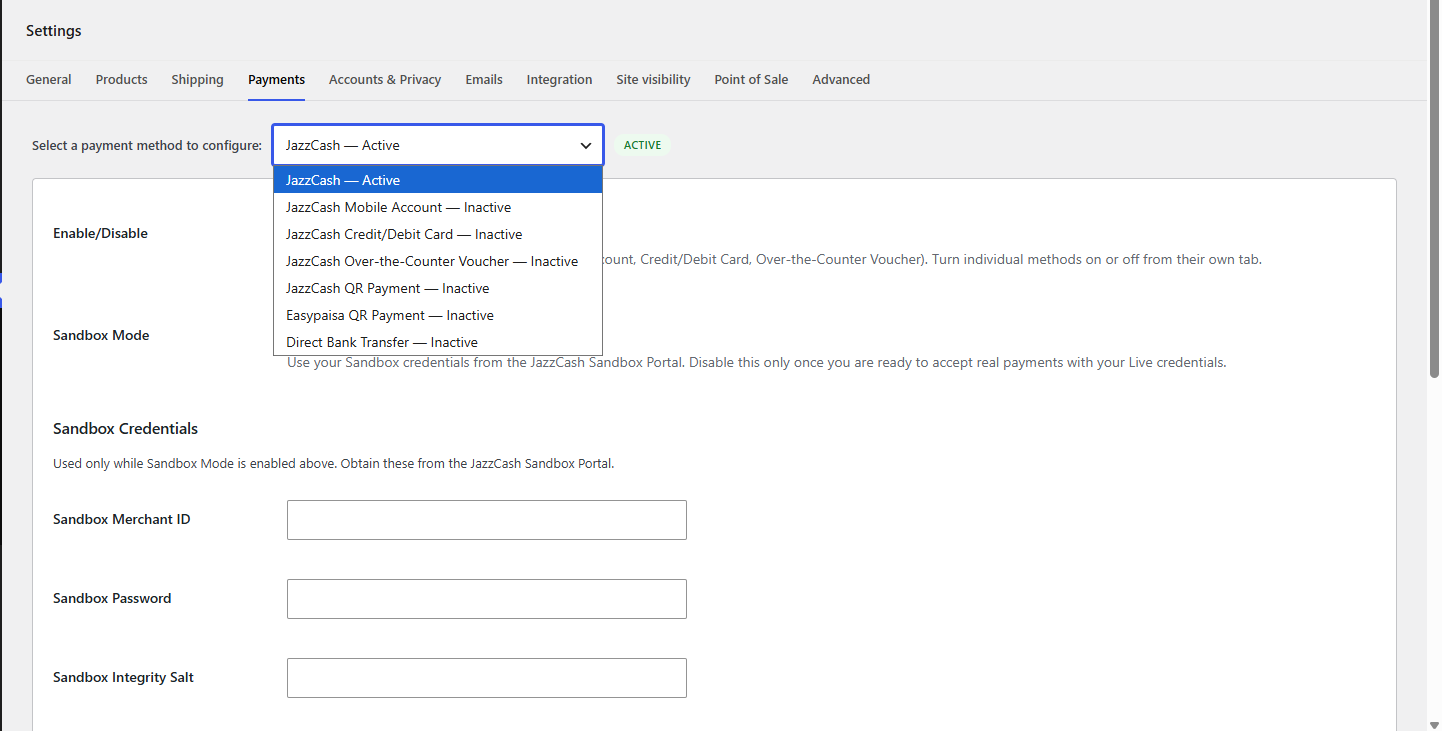 JazzCash gateway settings with Sandbox Mode toggle.