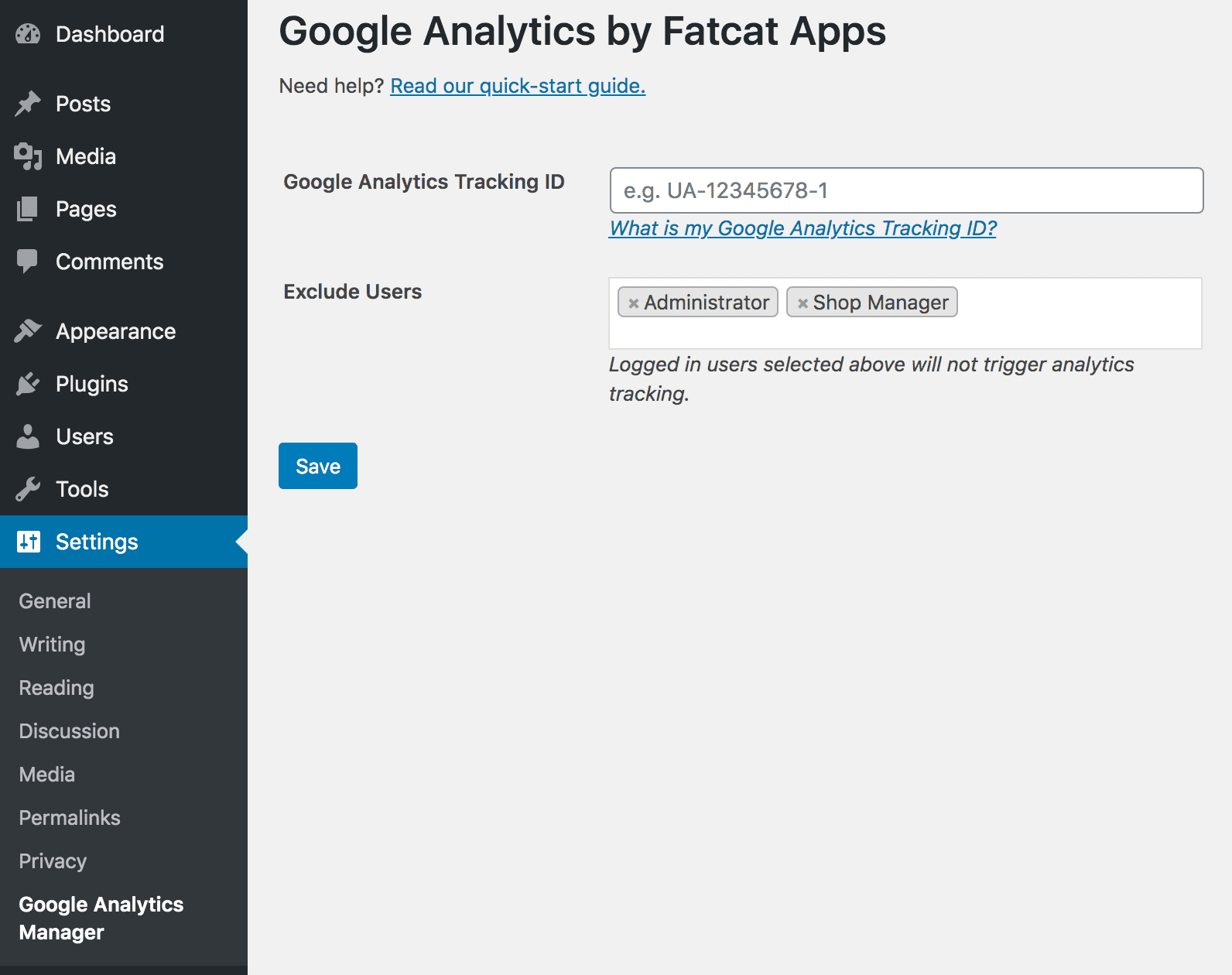 Analytics Cat - Google Analytics for WordPress settings screen