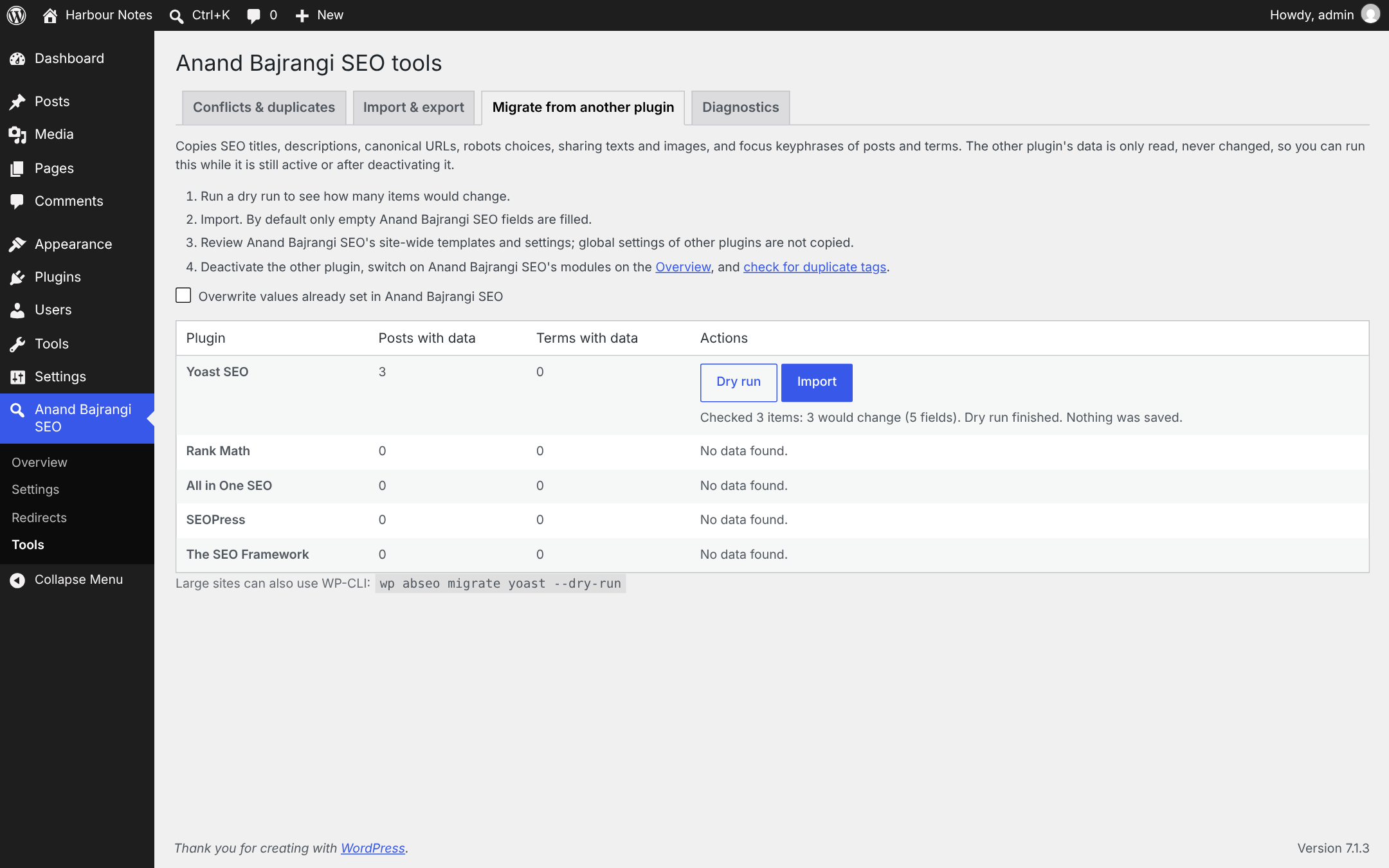 Migrating from another SEO plugin: a dry run shows what would change before anything is saved.