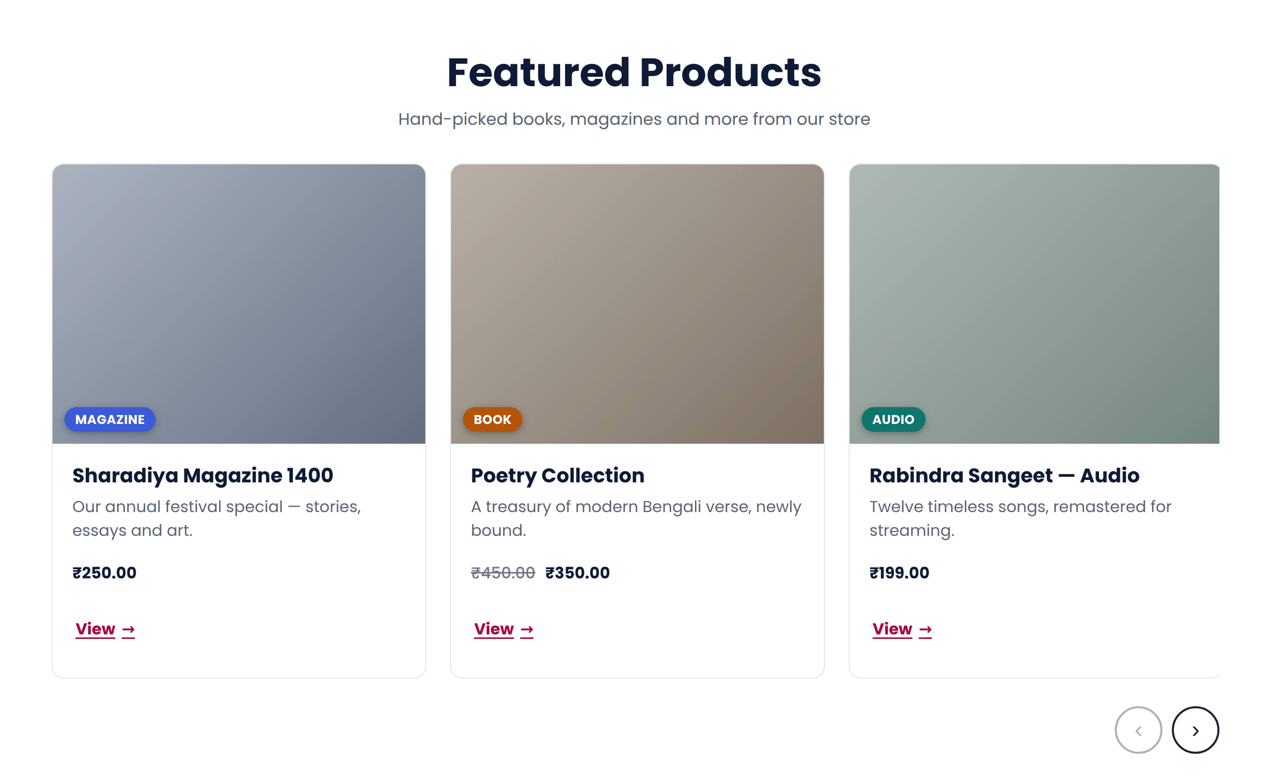 WooCommerce "Featured products" shown in the accessible card scroller: each product is a card with its image, a contrast-checked category badge, the title, the price and a "View" link — keyboard- and screen-reader-friendly.