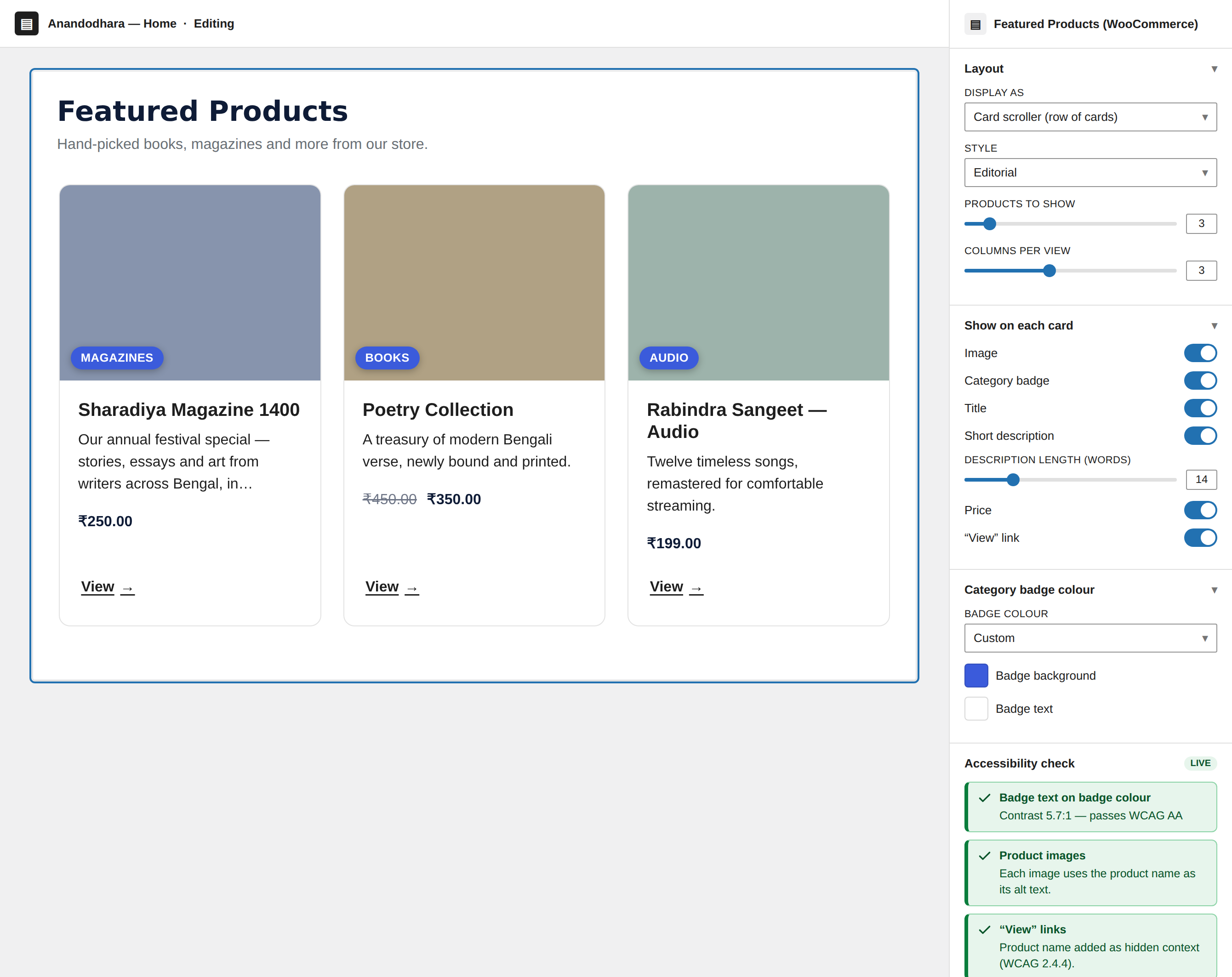 The Featured Products block in the editor: the sidebar's per-element toggles, description length limit and badge colour, with the live Accessibility check reading "Contrast 5.7:1 — passes WCAG AA" for a custom badge colour.