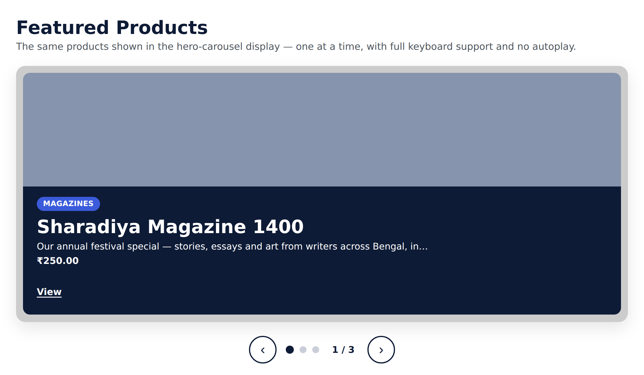 The same Featured products shown in the hero-carousel display — one product per slide, with a category badge, price and "View" link over a solid contrast box, plus dots and previous/next controls. Autoplay is off, so there is no motion.