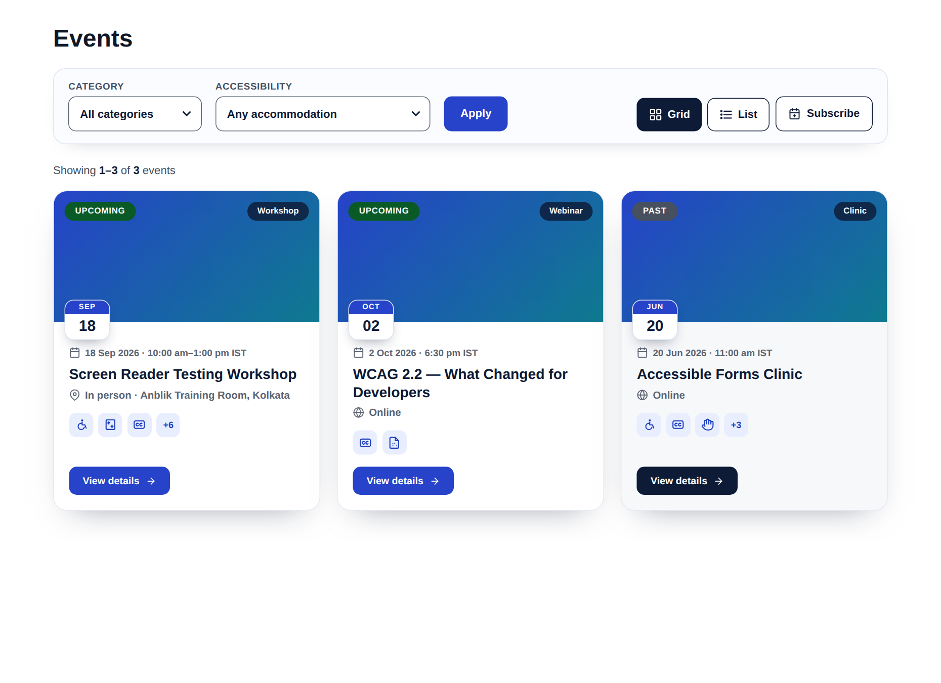 The events list in Grid view — the filter toolbar (category + accessibility), Grid/List switch, Subscribe button, and cards with the Upcoming/Past pill, a date tile and accommodation mini-icons.