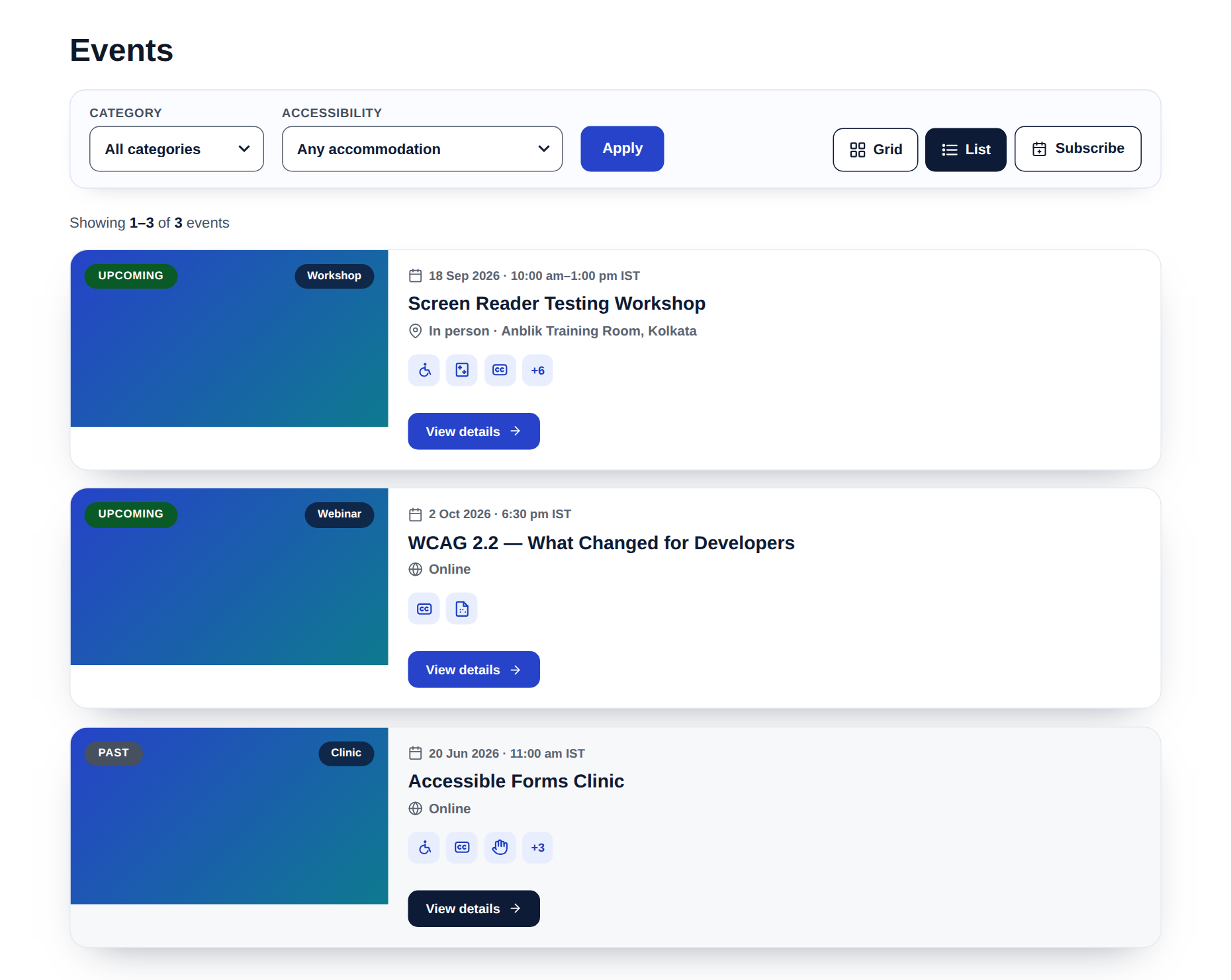 The events list in List view.