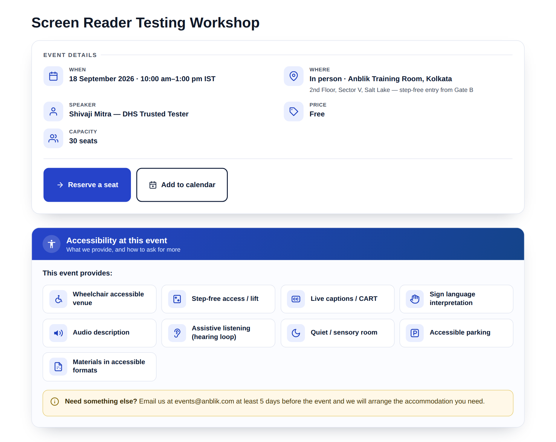 A single event: the "Event details" panel with icon tiles, and the "Accessibility at this event" panel with a real icon for every accommodation.