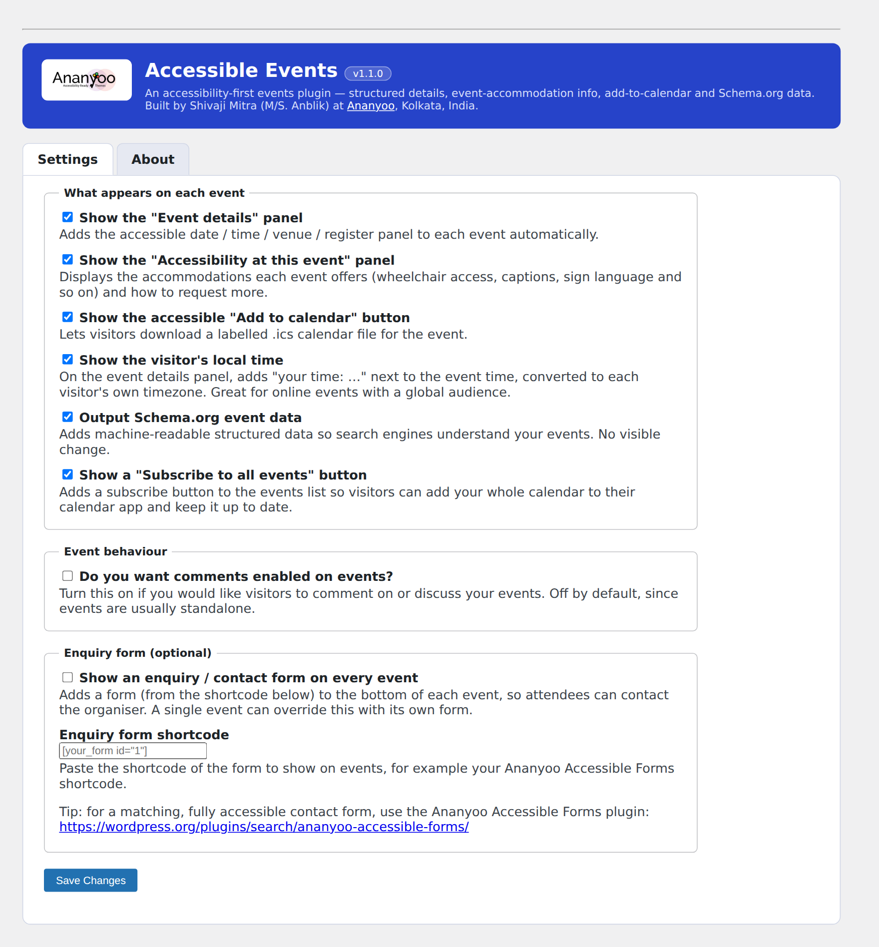 The audited admin: the branded Settings screen with per-feature toggles and the Settings / About tabs.