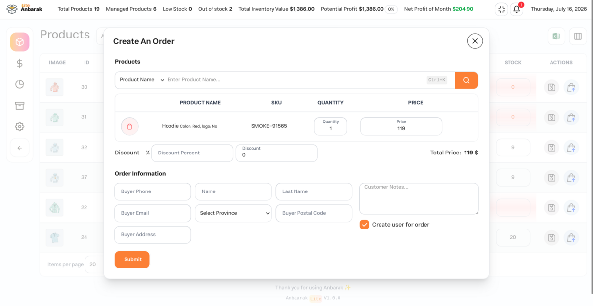 Create order manually (in-person sell)