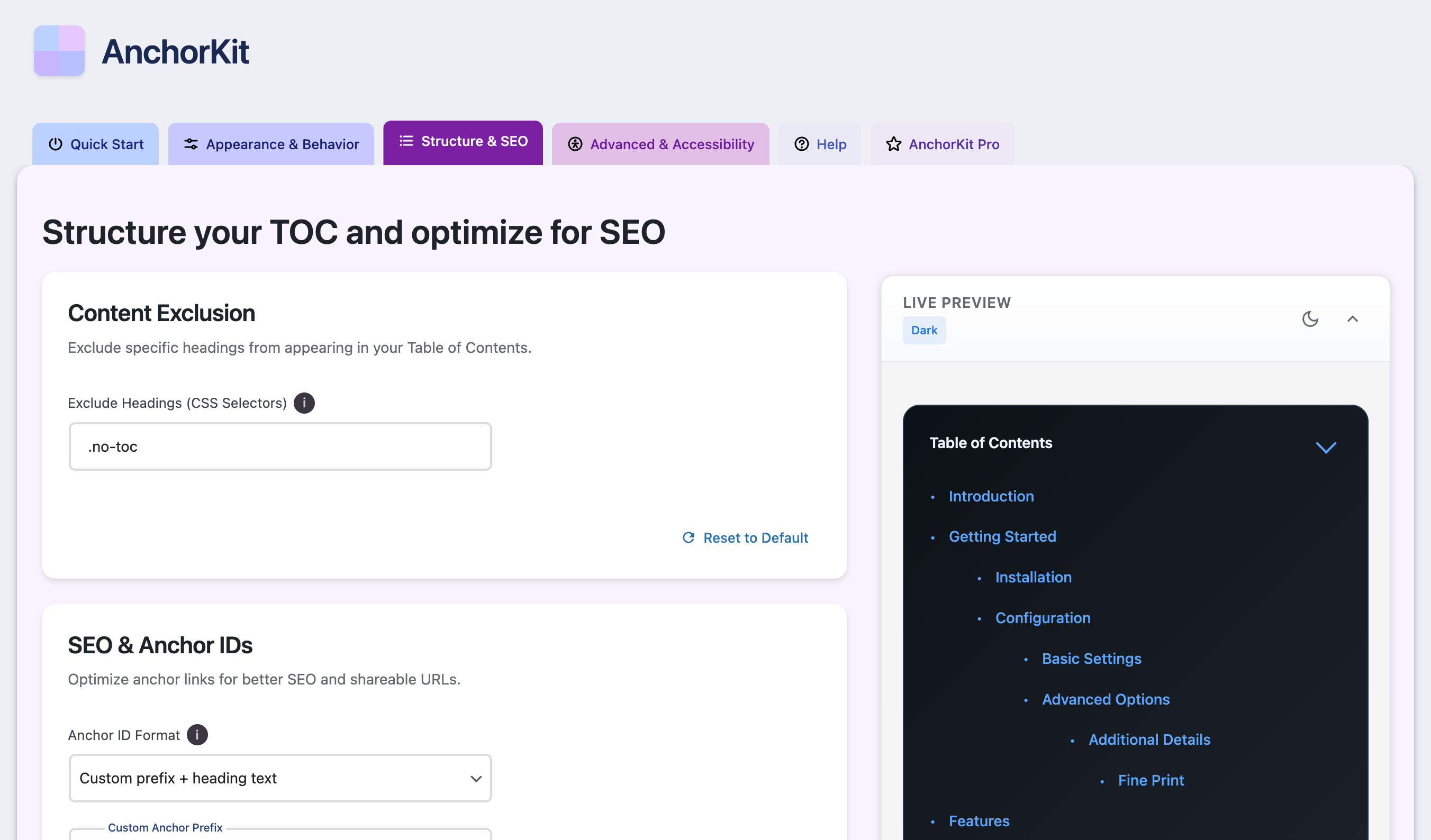 Supercharge your SEO with structured data and smart linking. Generate Schema.org markup, customize anchor formats, and control exactly what search engines see.