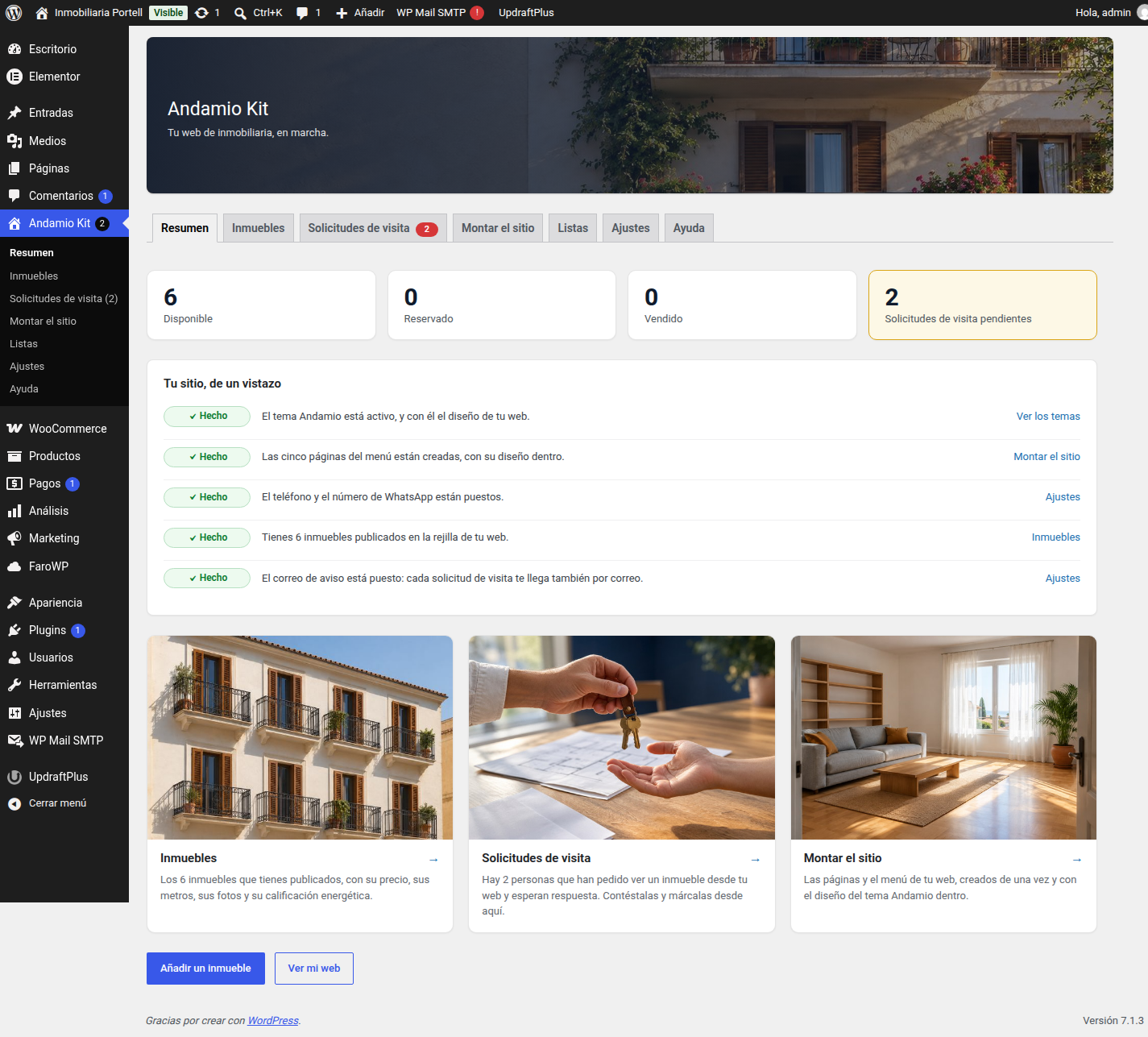 The Overview tab: the four figures, the checklist of what is still missing and the shortcuts to the other tabs.
