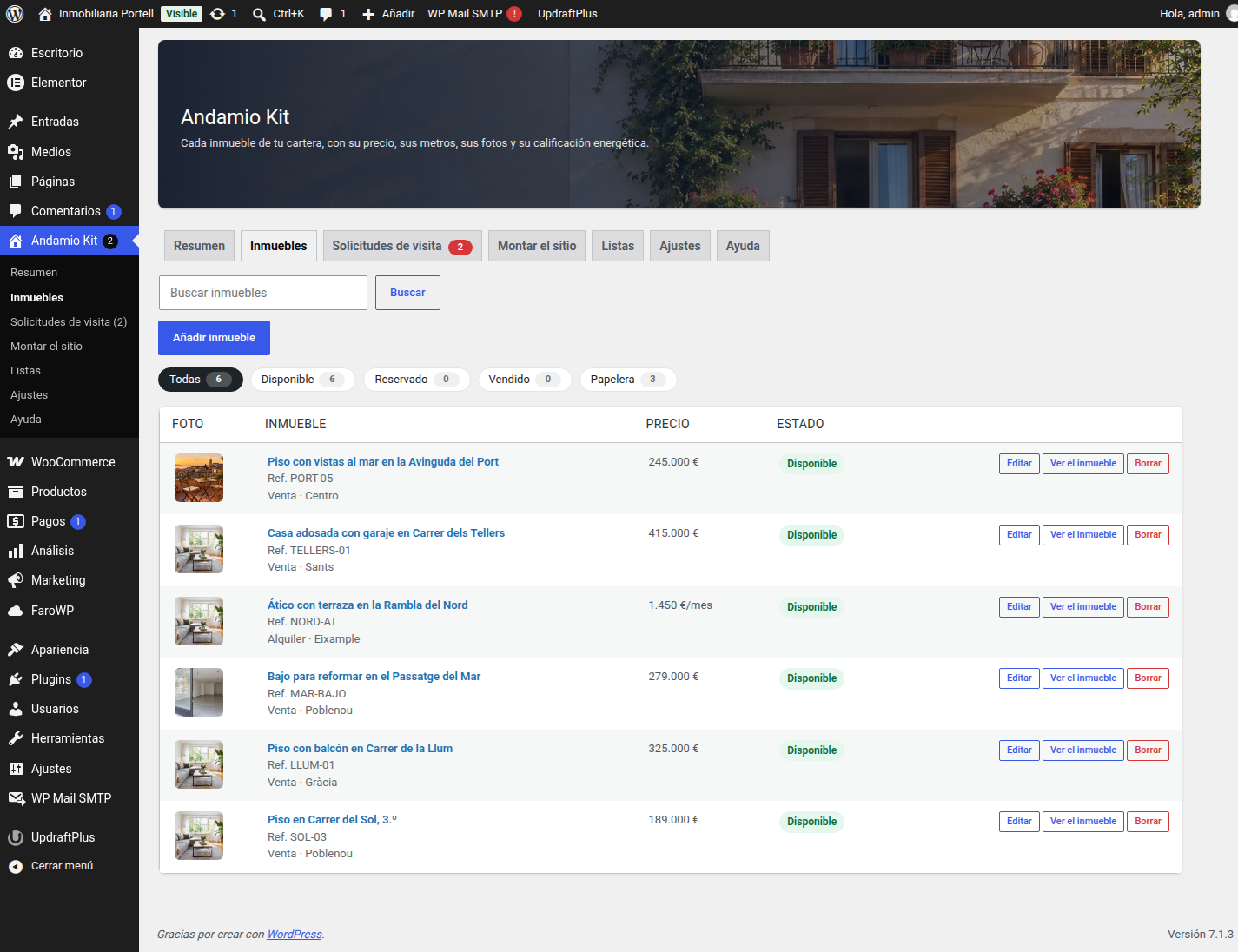 The Properties tab: every property with its photo, price, area, status and number of photos.