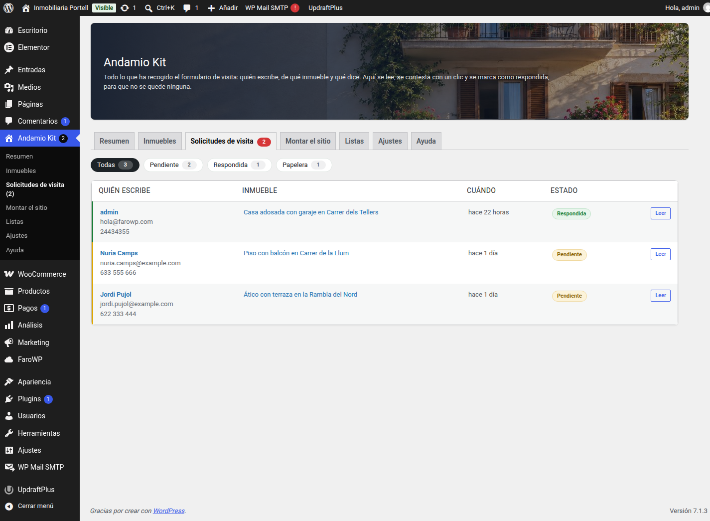 The Visit requests tab: the tray of what has arrived, and a request opened to read it and answer it.