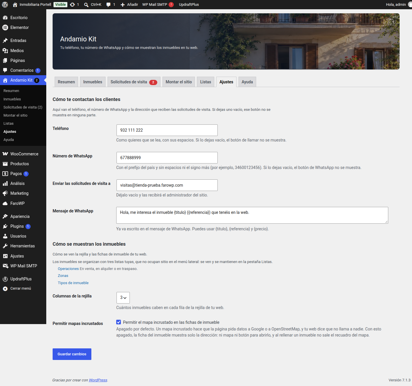 The Settings tab: where clients reach you and how the properties are shown.