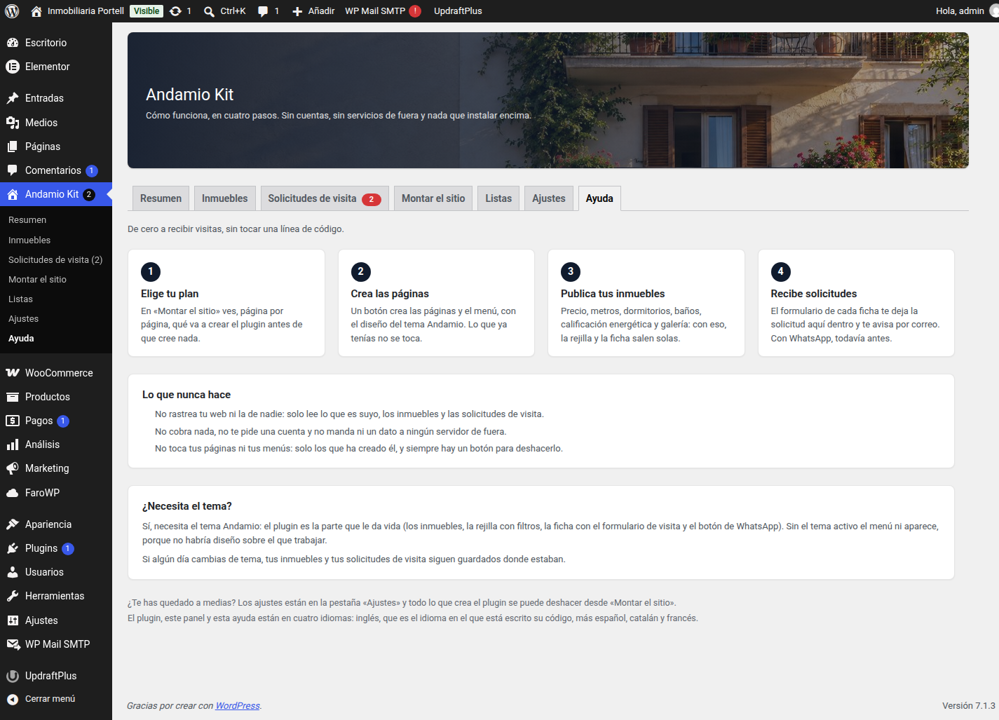 The Help tab: how it works in four steps, what the plugin never does and what it needs.