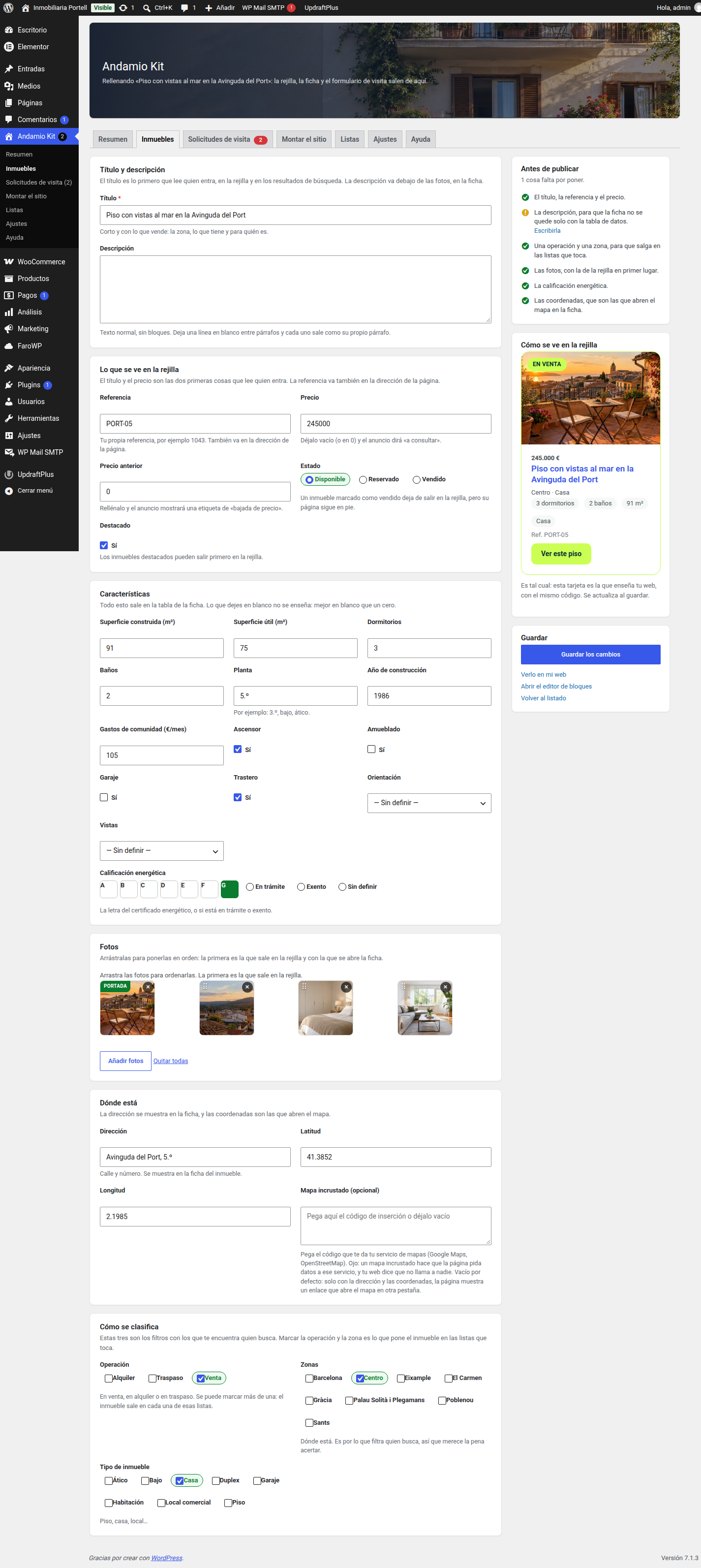 The property screen: all of it on one page, the checklist of what is still missing before publishing and the card as it comes out in the grid.