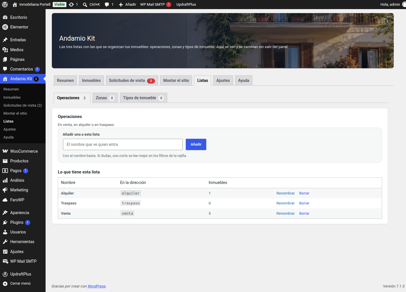 The Lists tab: the three lists, each one in its own tab, with what is in it and the buttons to add, rename and delete.