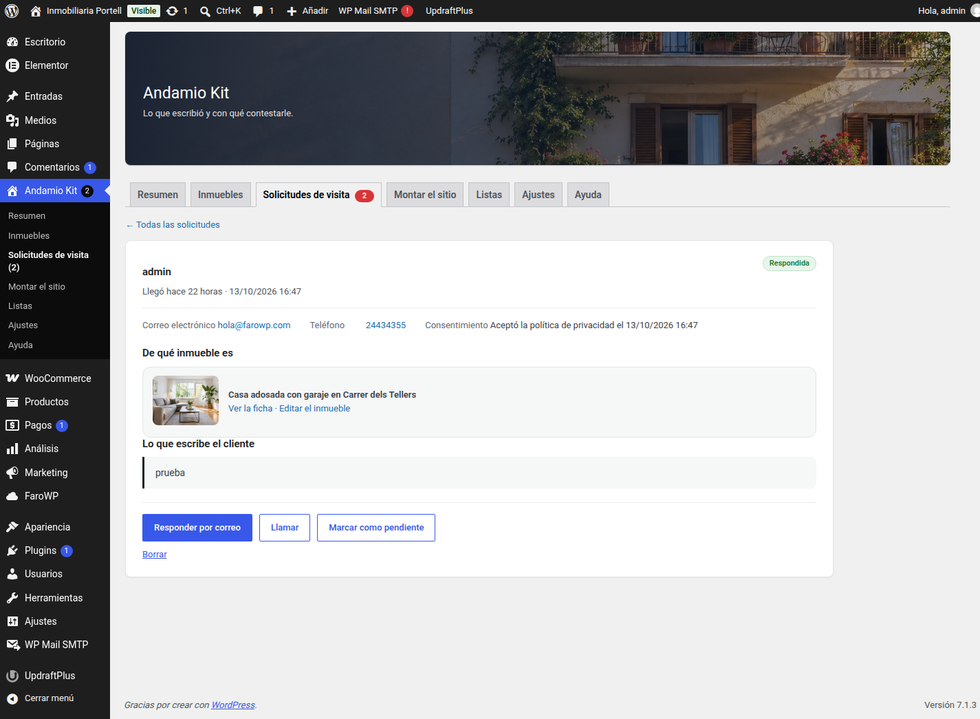 A visit request opened: the message, the property it is about and the buttons to answer it.