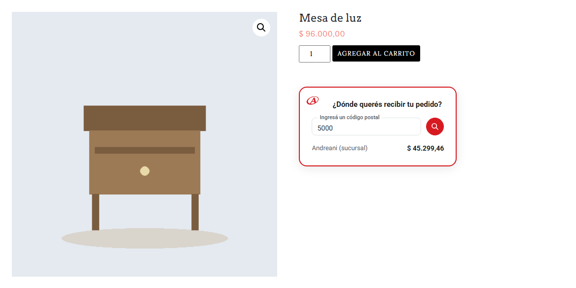 Cotizador de envío en la página de producto.