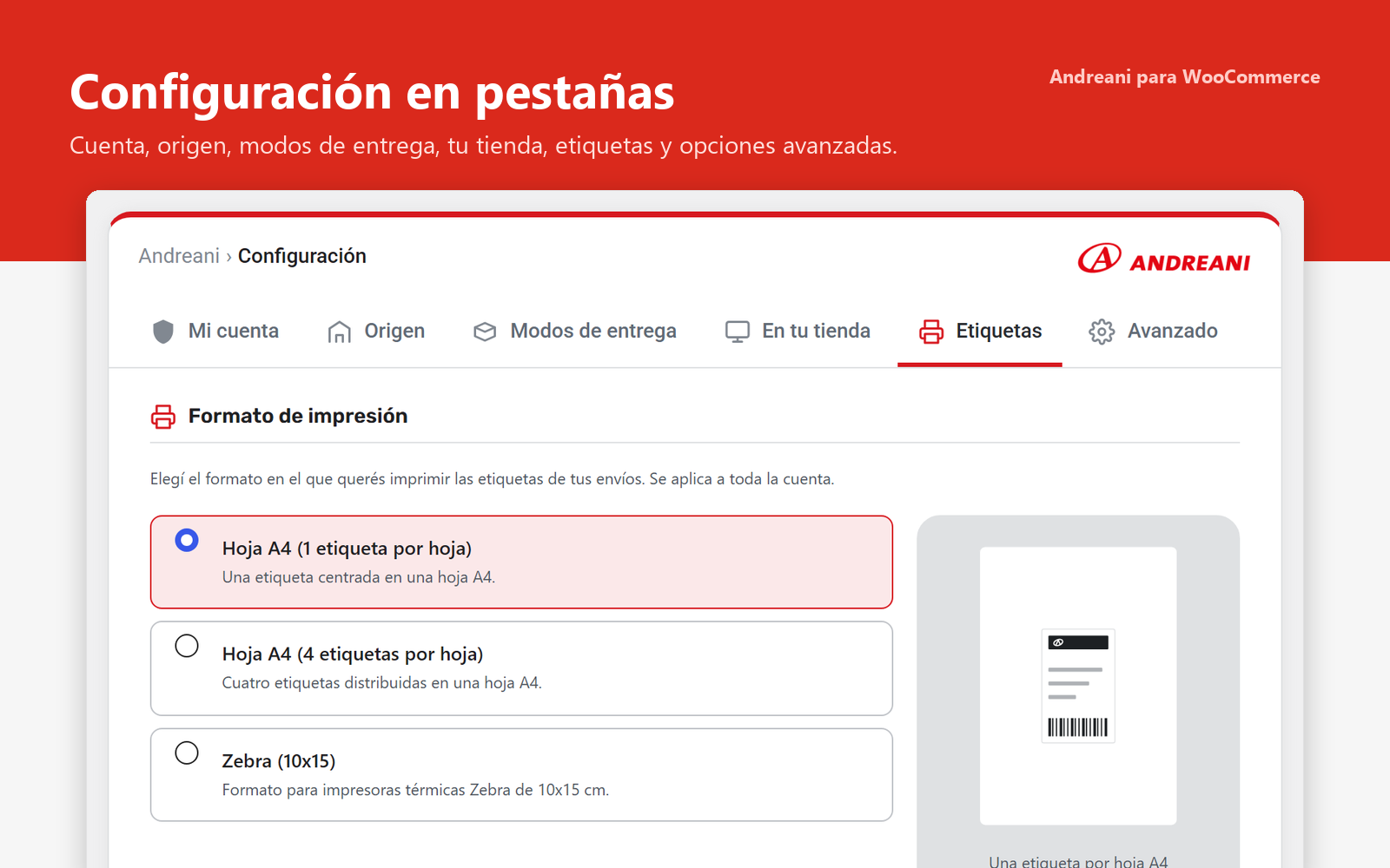 Configuración en pestañas: cuenta, origen, modos de entrega, tu tienda, etiquetas y avanzado.