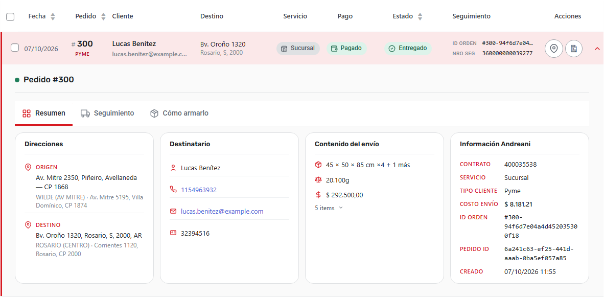 Resumen del envío: origen y destino, destinatario, contenido y datos de Andreani en la misma fila.