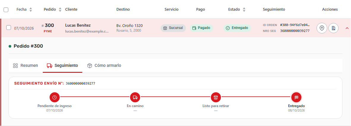 Seguimiento del envío: número de seguimiento y cada paso, de pendiente de ingreso a entregado.
