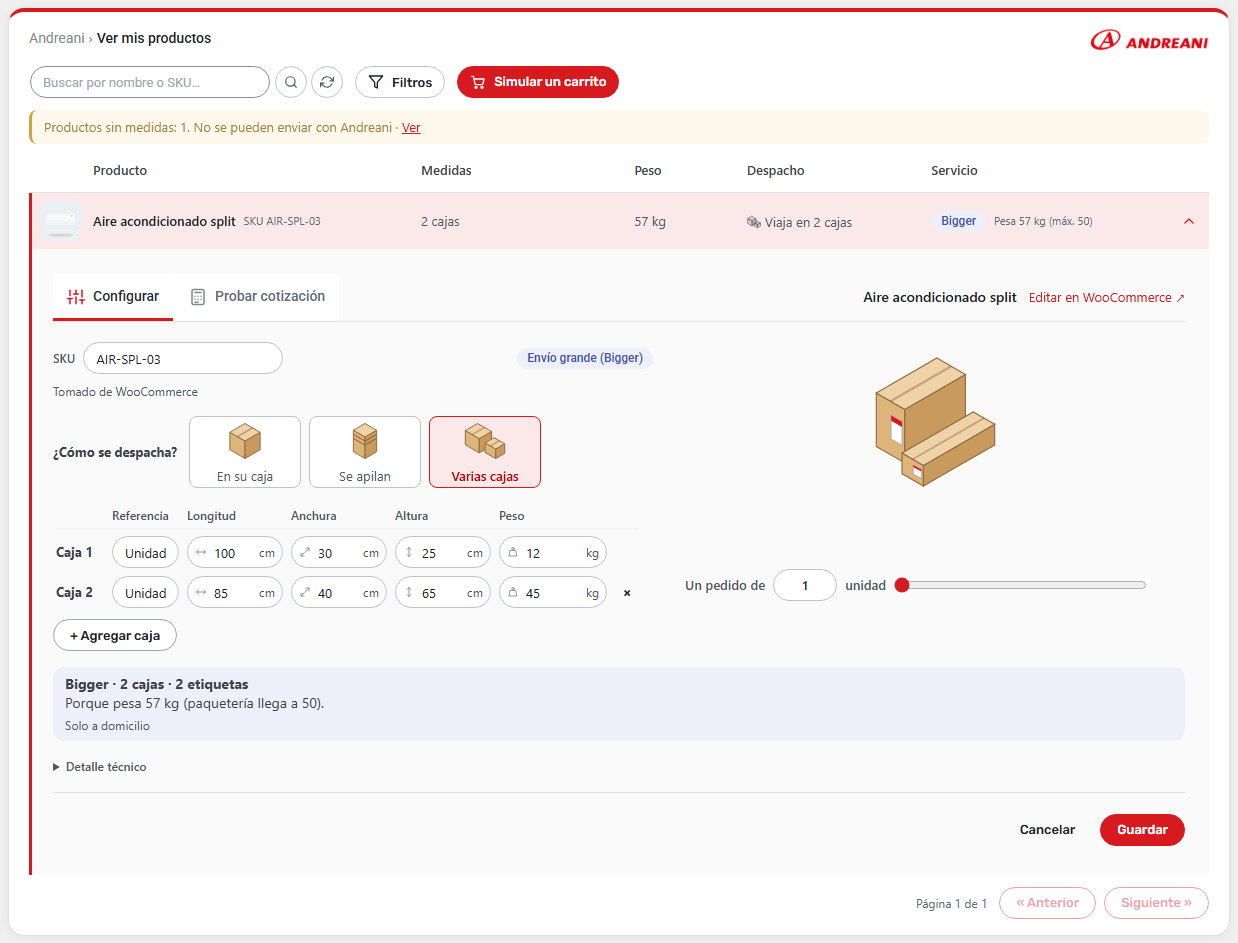 Producto abierto en la grilla: cargá las cajas, mirá cómo se arma el envío y el resultado.