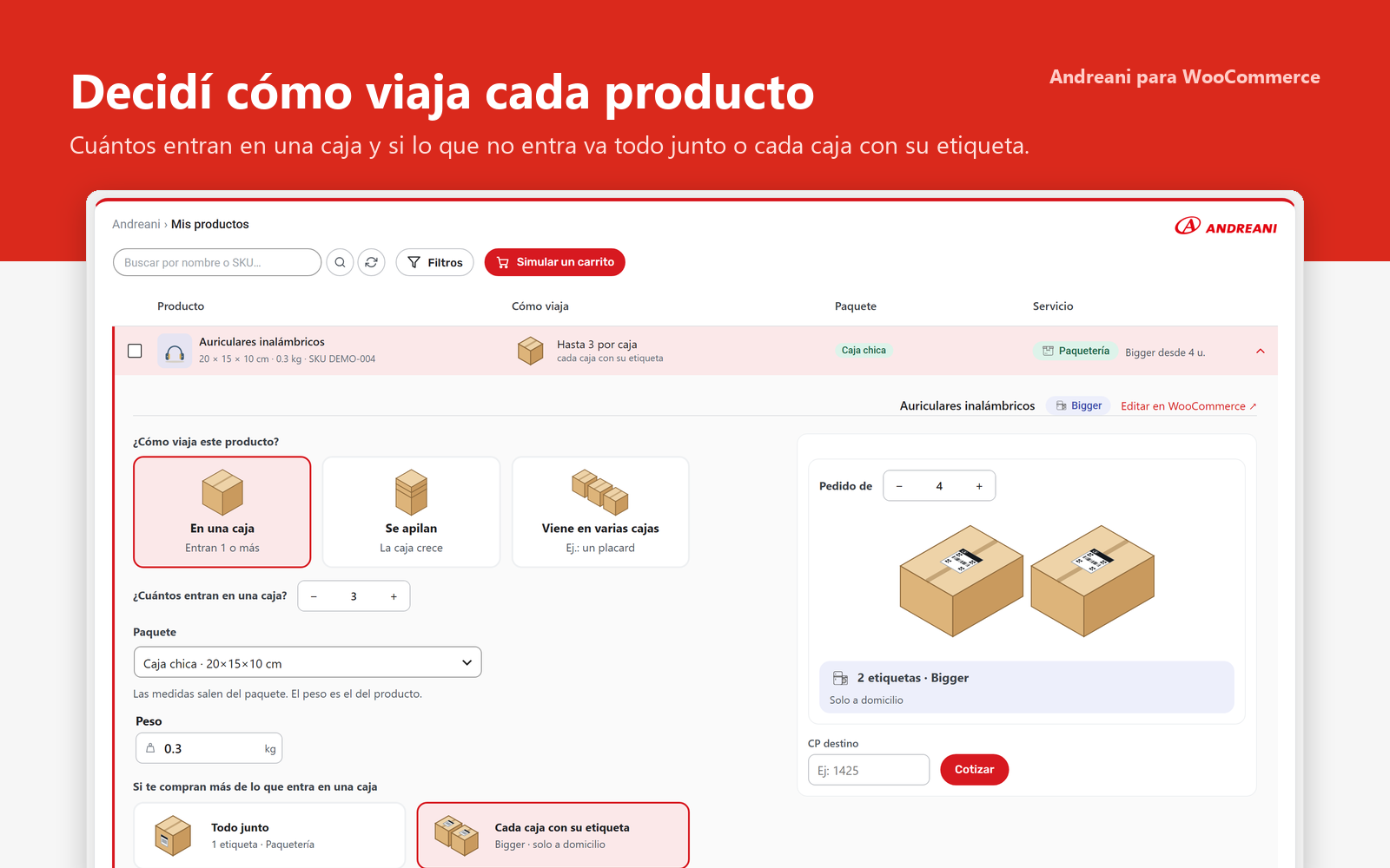 Decidí cómo viaja cada producto: cuántos entran en una caja y si lo que no entra va todo junto o cada caja con su etiqueta.