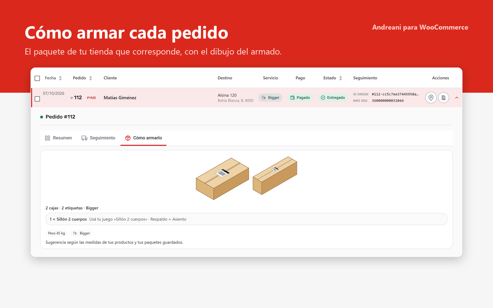 Cómo armar cada pedido: el paquete de tu tienda que corresponde, con el dibujo del armado.