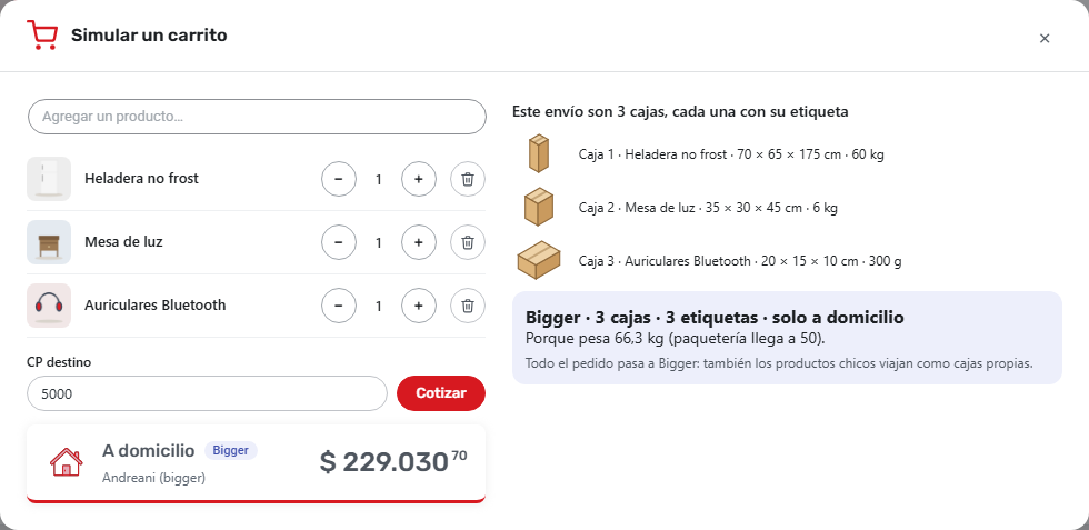 Simulador de carrito: armá un pedido con varios productos y mirá cómo viajan juntos y cuánto sale.