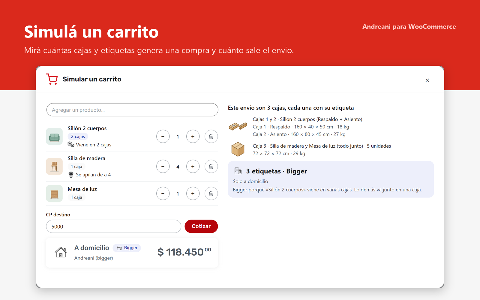 Simulador de carrito: cuántas cajas y etiquetas genera una compra y cuánto sale el envío.