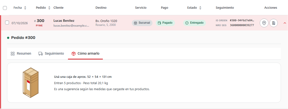 Cómo armarlo: la caja sugerida para preparar cada pedido, según las medidas de tus productos.