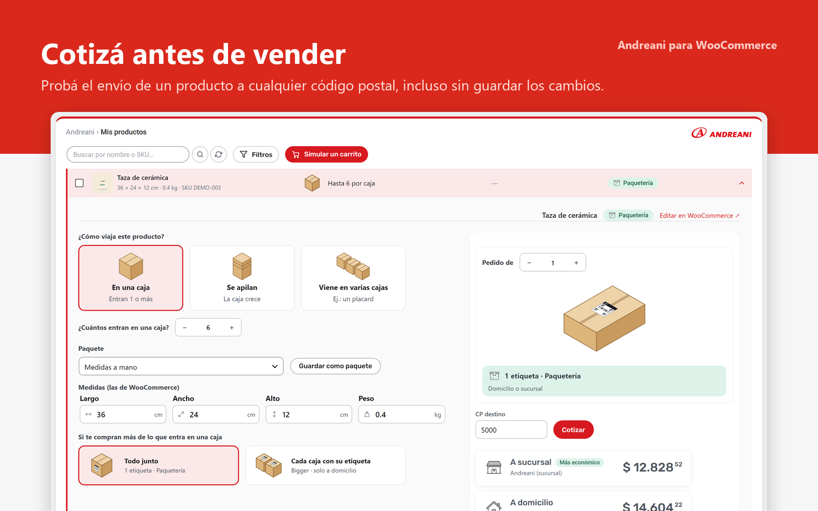 Probar cotización: cotizá un producto a cualquier código postal antes de vender.