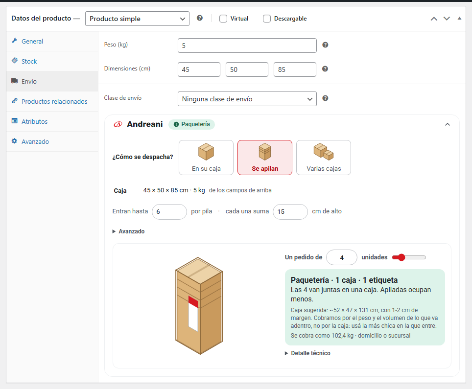 Ficha de producto de WooCommerce: elegí cómo se despacha (en su caja, apilado o en varias cajas) desde la pestaña Envío.