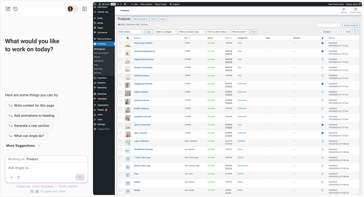 Use Angie to jumpstart any project in WordPress. Write content, design sections, and manage tasks without leaving WordPress.