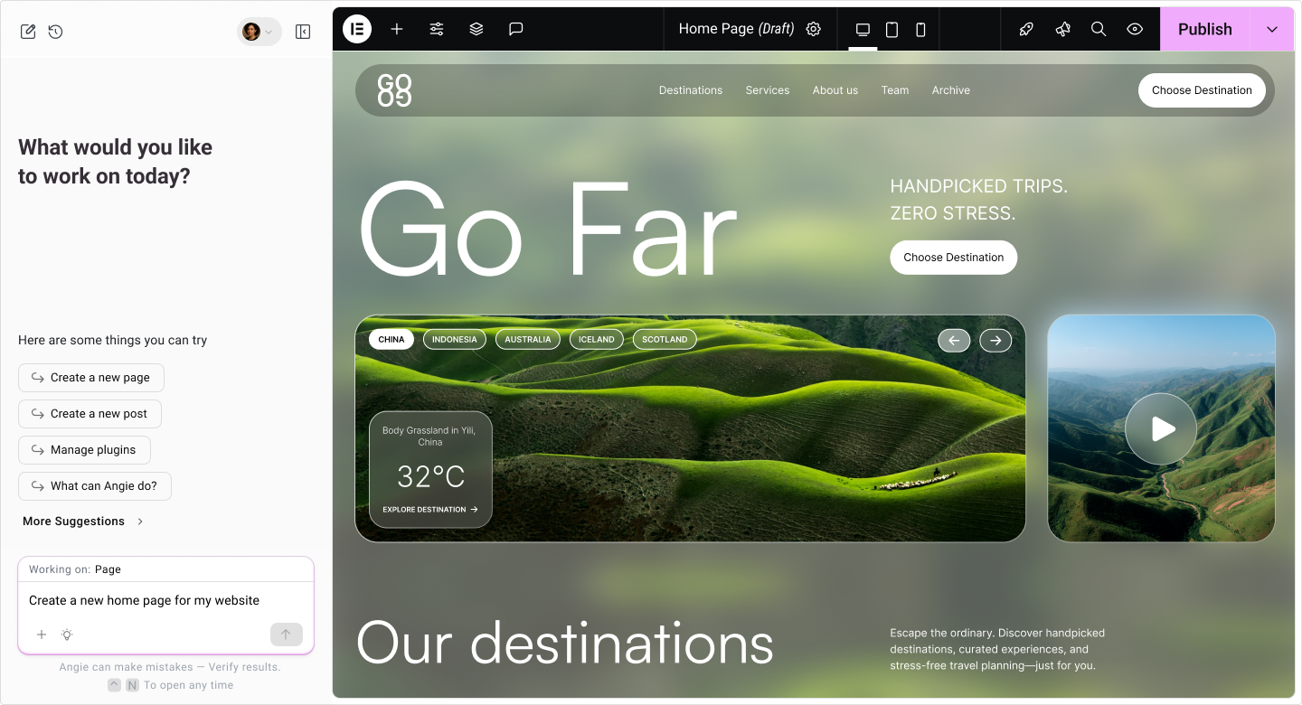 Prompt Angie to plan and design pages in seconds, with Angie helping to add engaging content, media, and layouts.