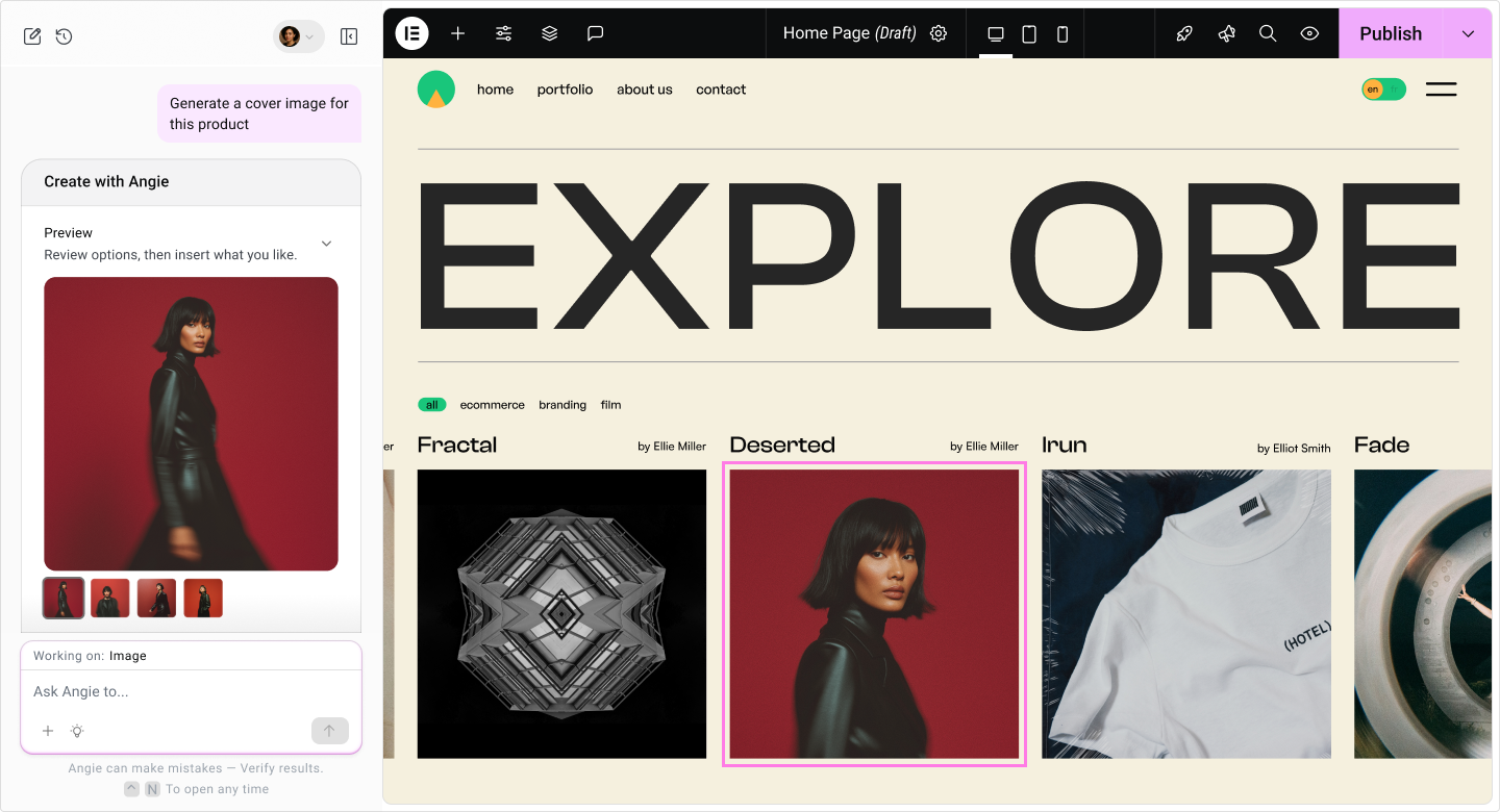 Edit existing images, create variations, or generate entirely new visuals, all within Angie. No third-party tools required.