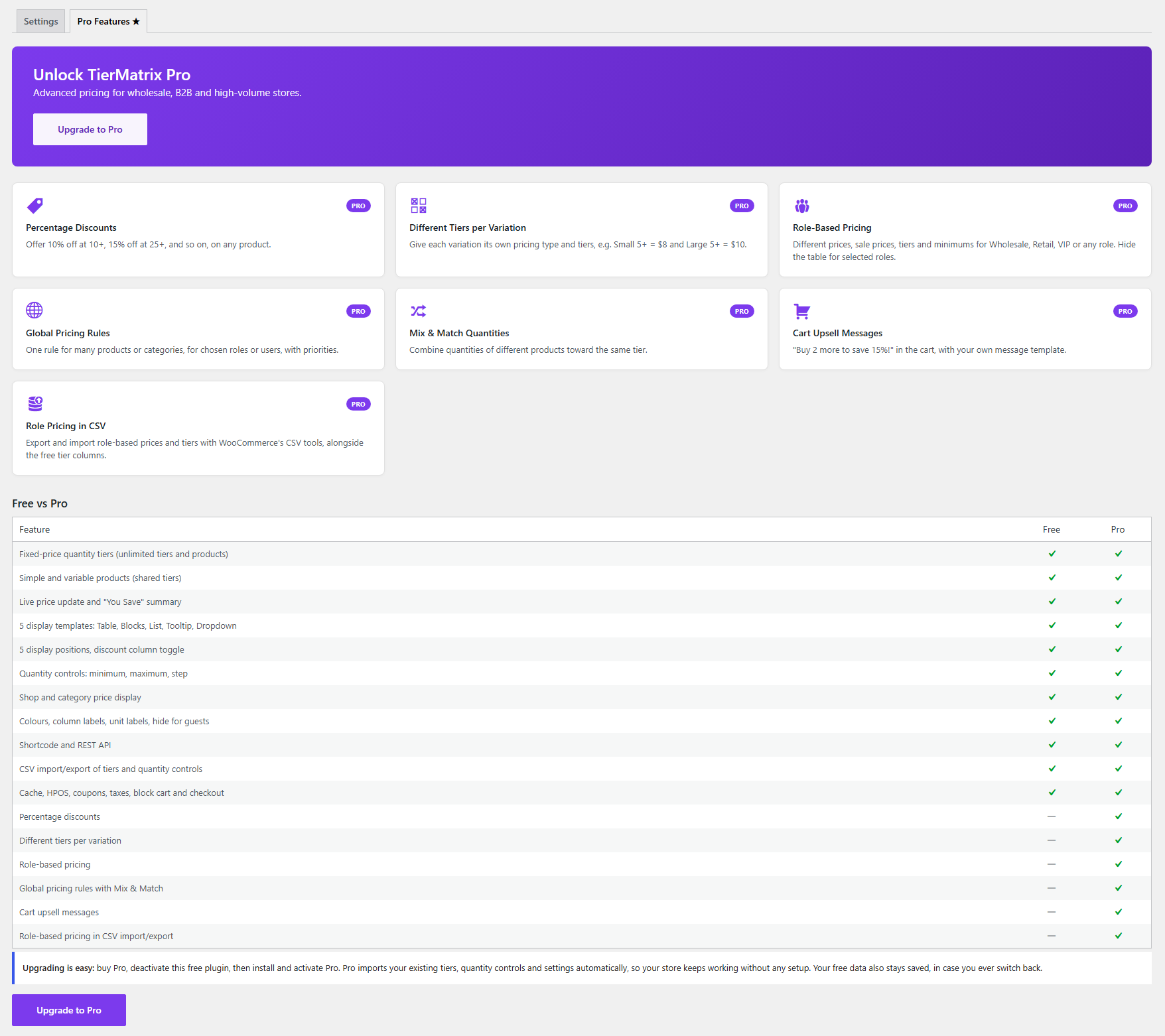 Pro Features tab — compare Free and Pro, and upgrade in one click