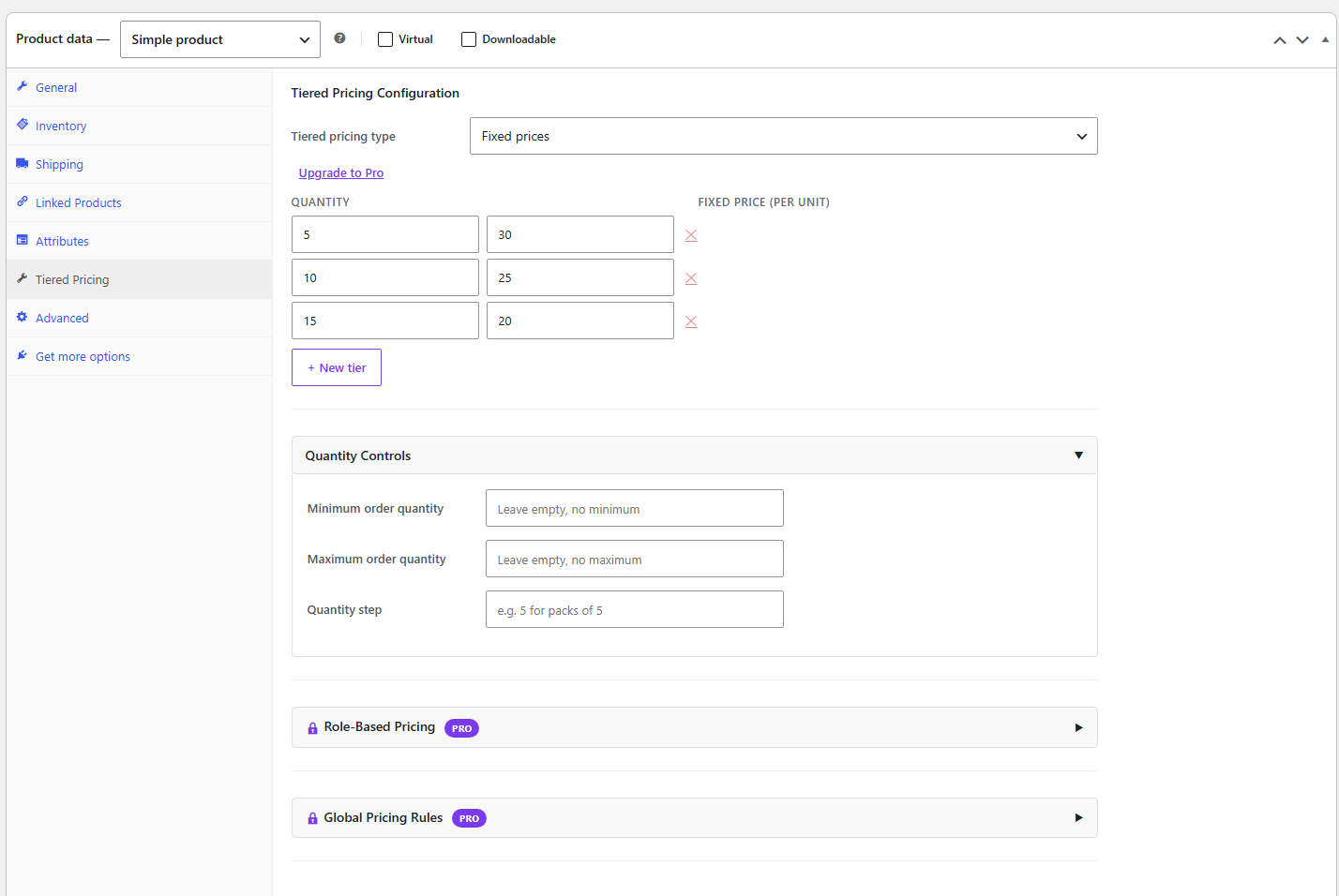 Tiered Pricing tab: fixed-price tiers and min/max/step quantity controls