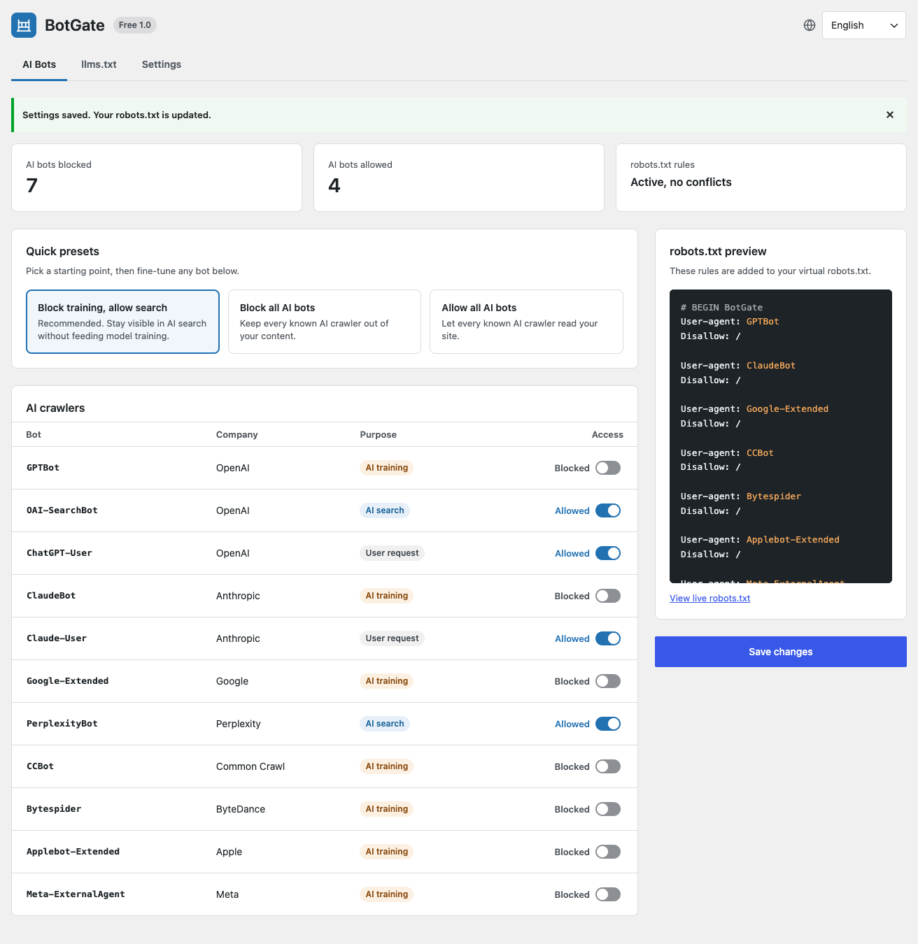 AI Bots screen with presets, the crawler table and the robots.txt preview.