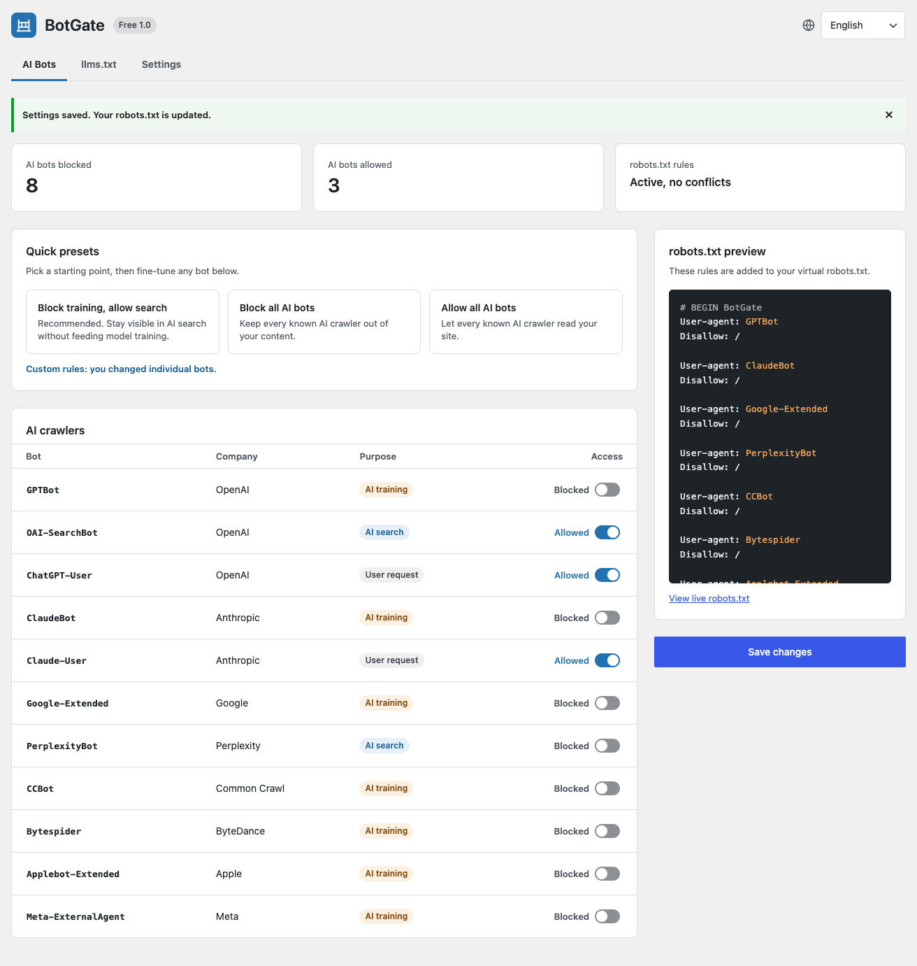 Changing a single bot switches to custom rules and updates the preview.