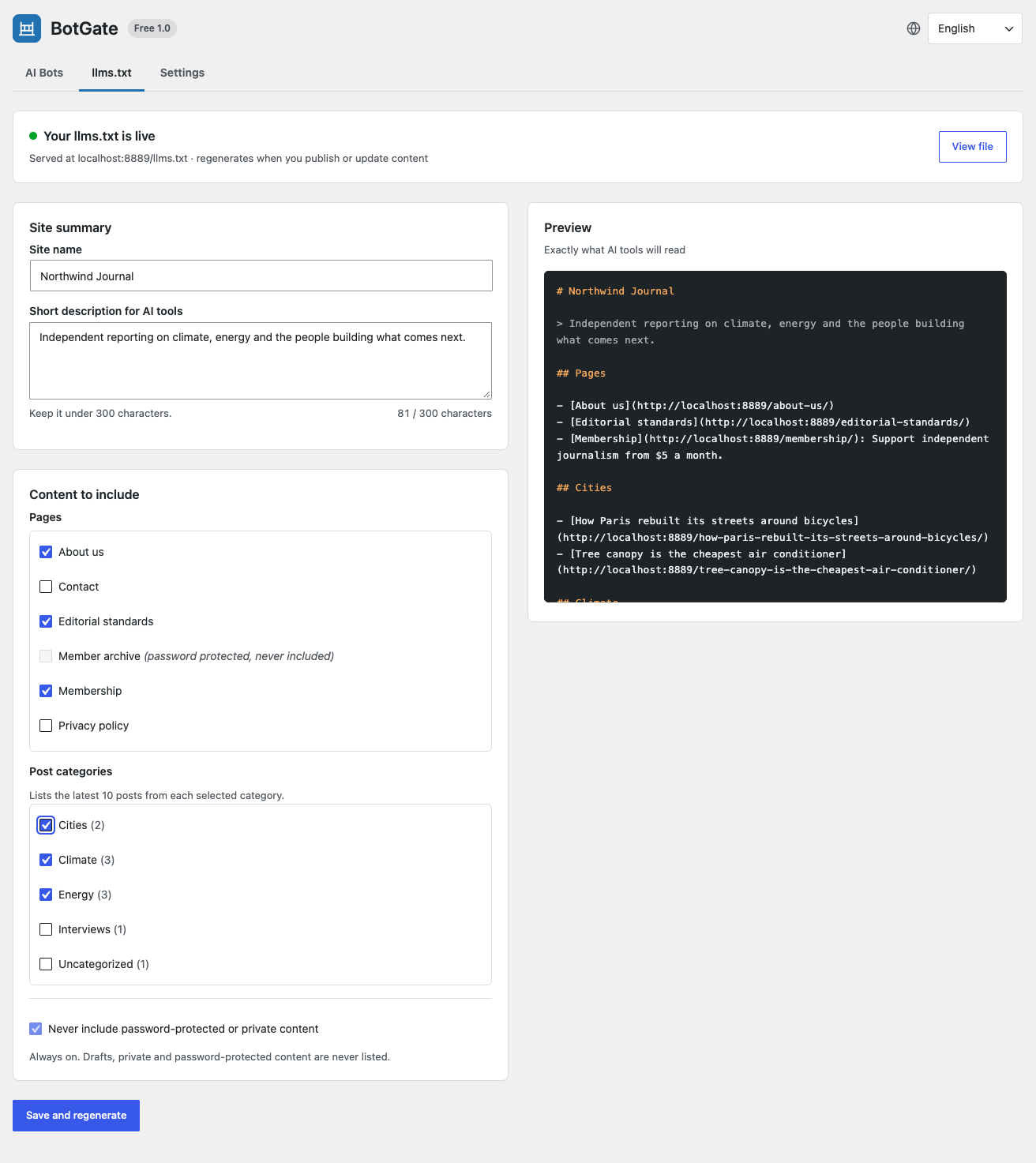 llms.txt screen with content selection and the live preview.