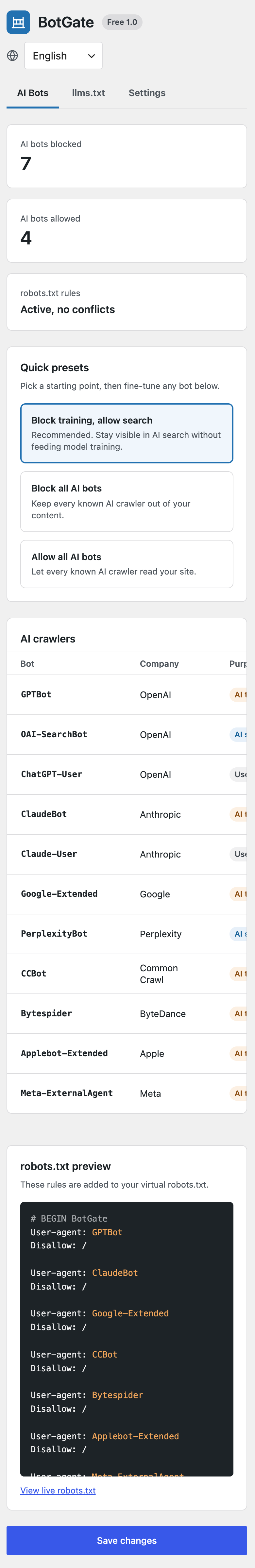 The AI Bots screen on a phone.