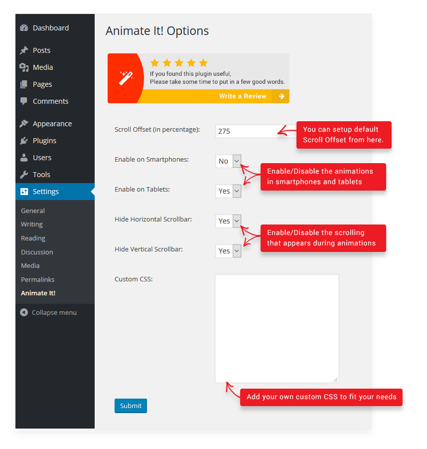 <strong>Settings</strong> - Options for Animate It! under Settings-&gt; Animate It! menu in the admin area.