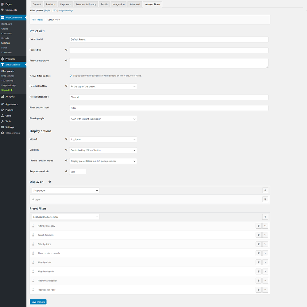 annasta Filters Preset admin page