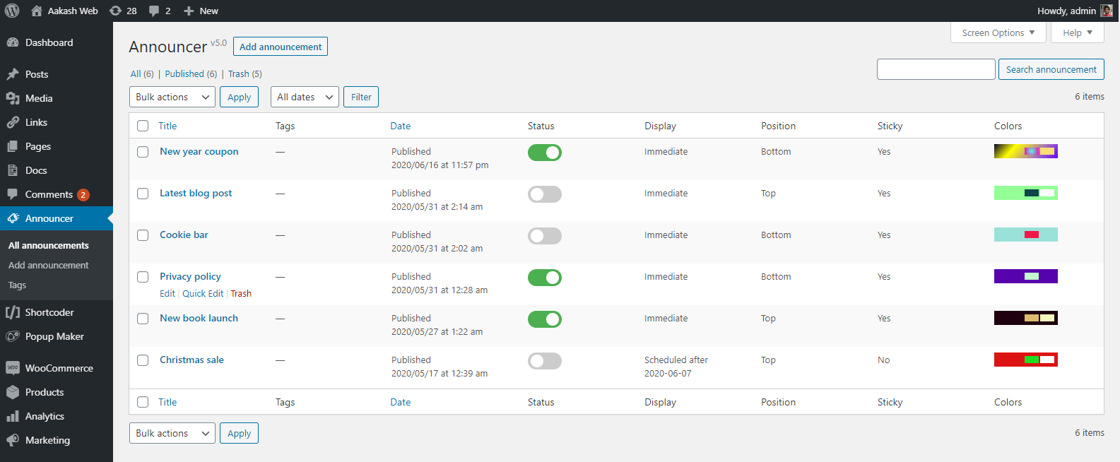 Admin screen - Manage announcements created.