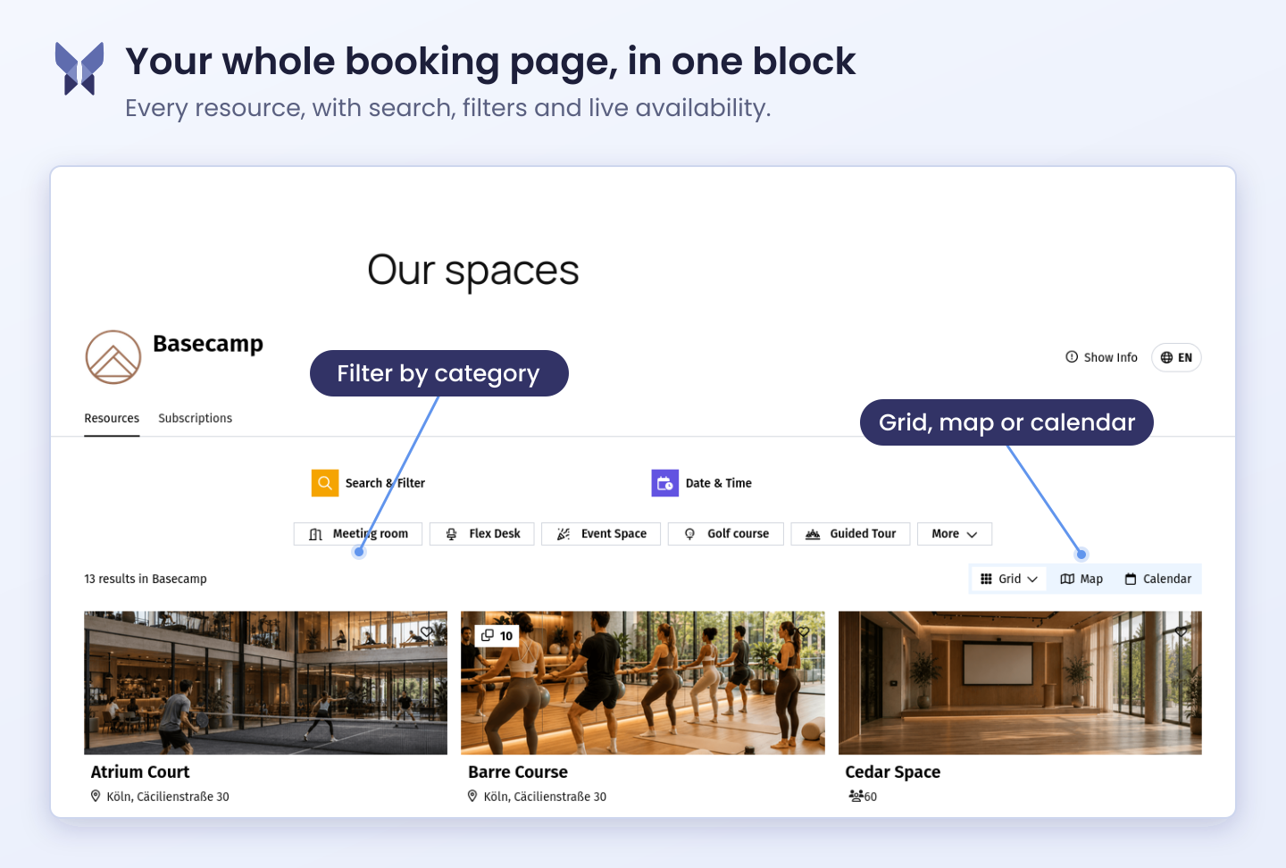 A full-width organization page: every bookable resource, with search, filters, categories and a grid, map or calendar view.
