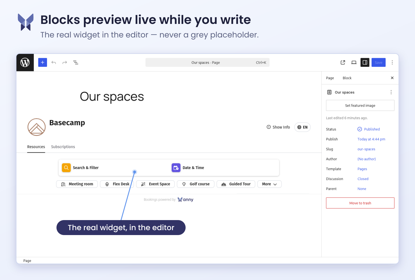 Blocks preview live in the editor, so you write the page against the real widget instead of a grey placeholder.