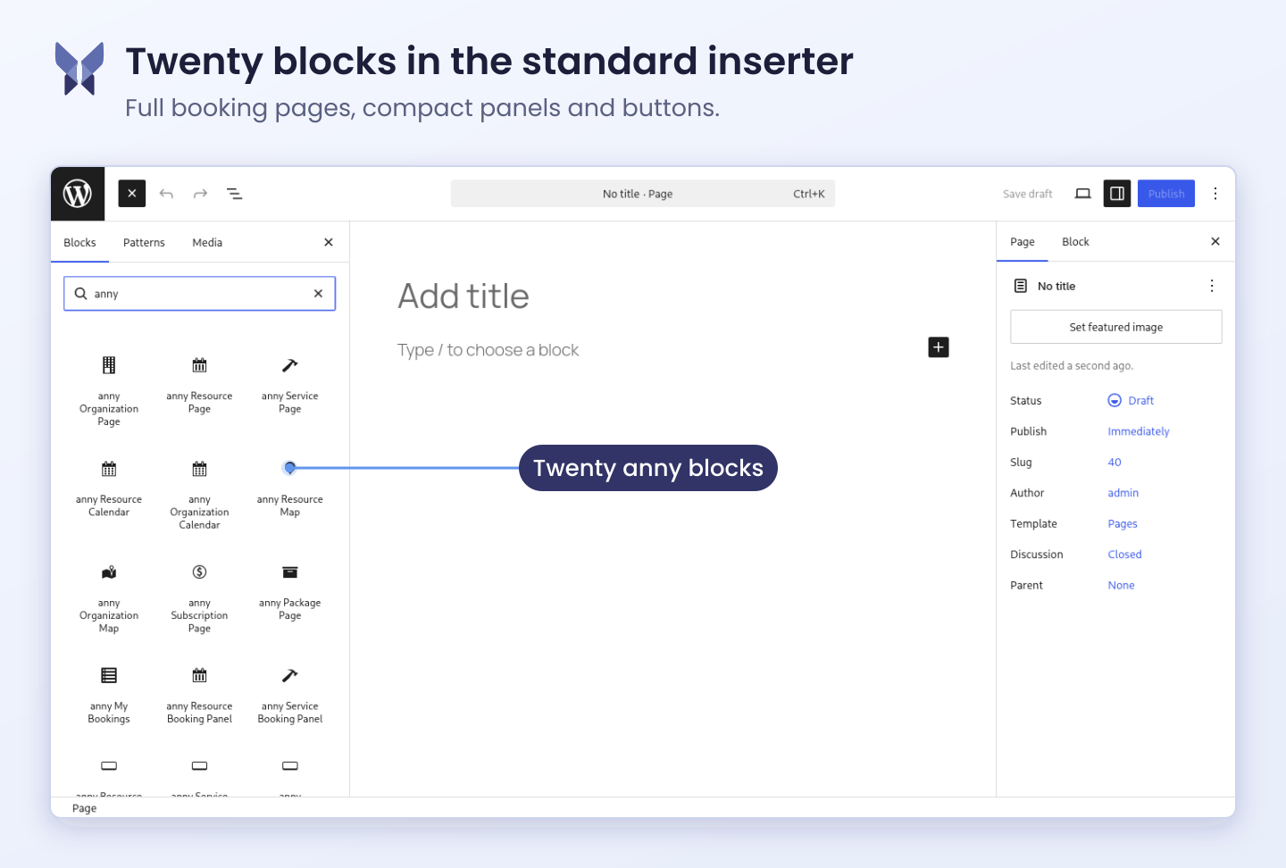 Twenty blocks, from full booking pages to compact panels and buttons, all in the standard block inserter.
