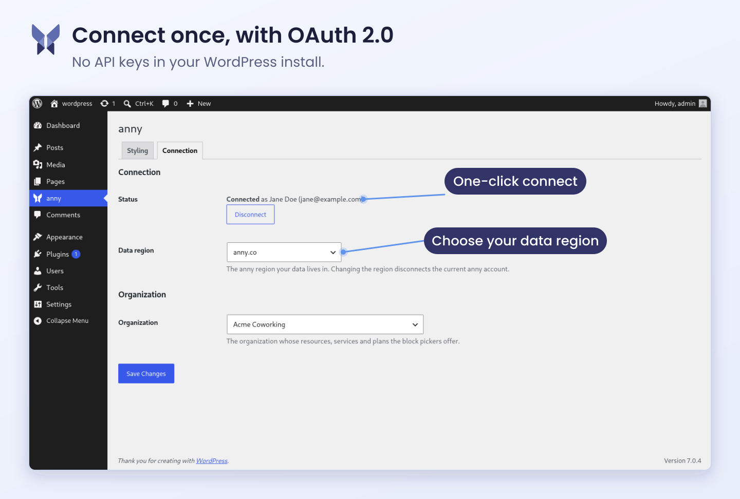 Connect once with OAuth 2.0, choose your data region and pick the organization the blocks should offer.