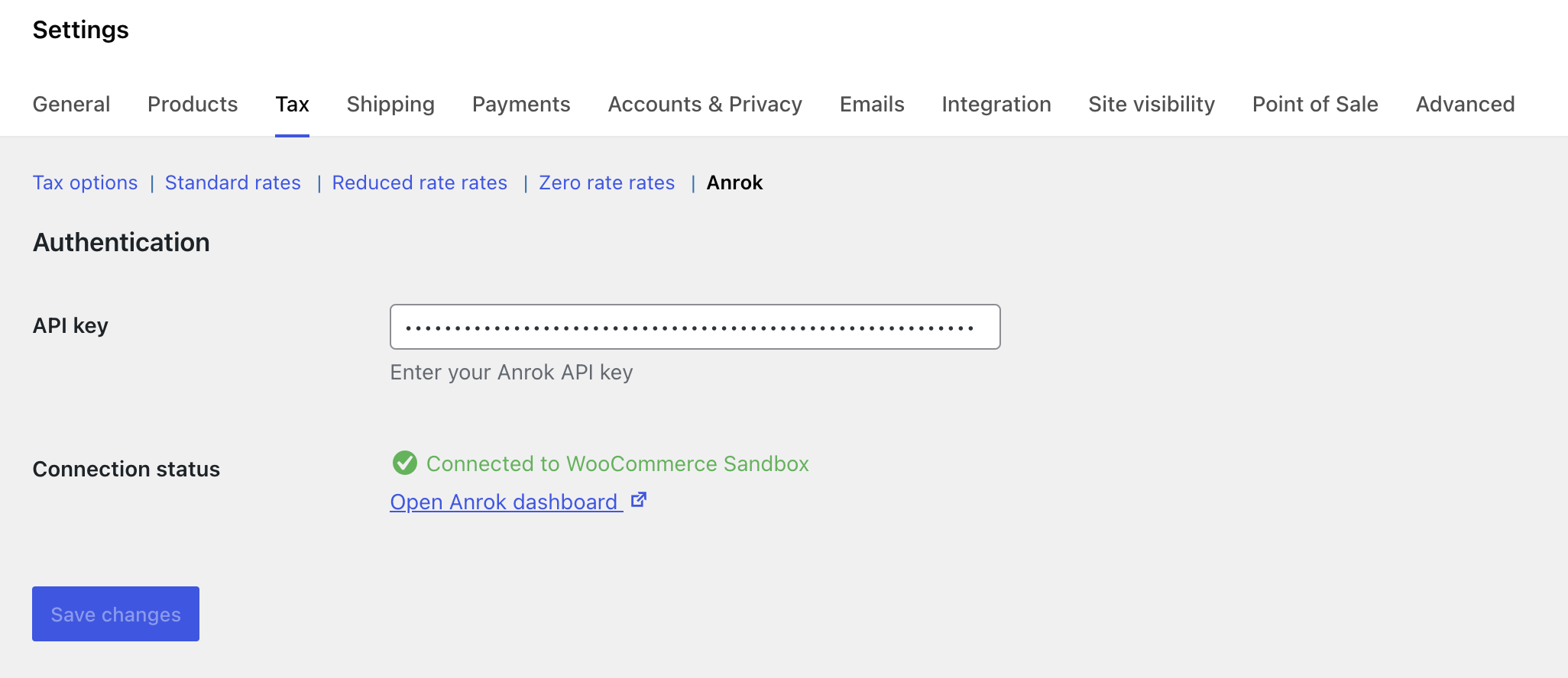 Settings page with API key configuration and connection status display