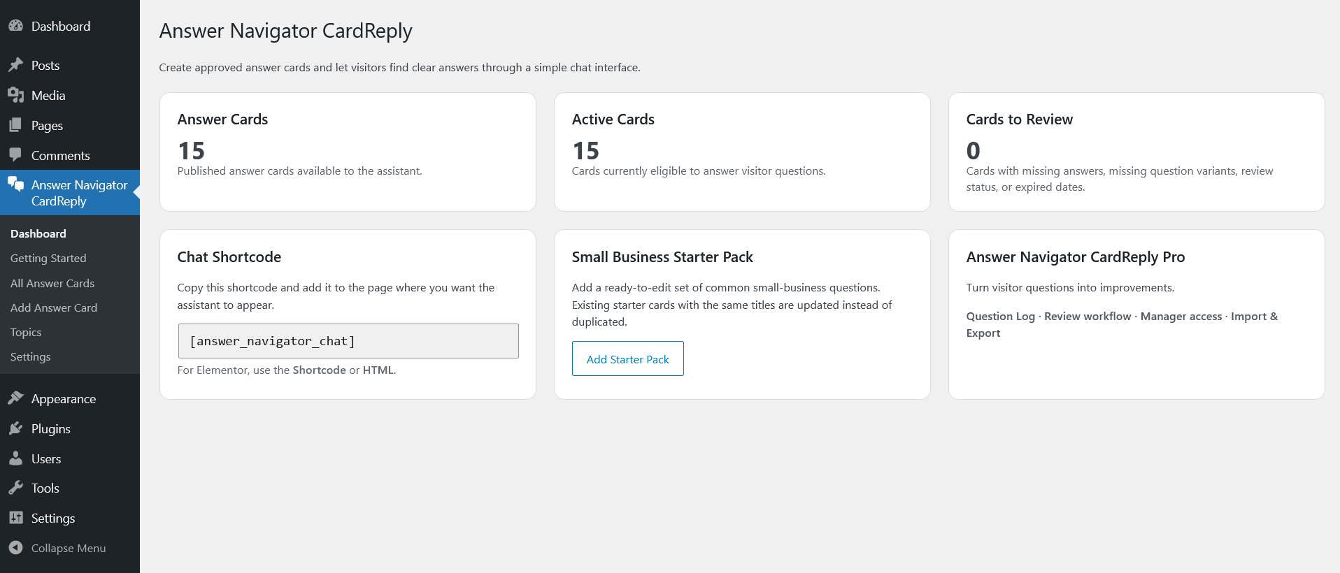 Overview dashboard with answer card statistics and quick access to the chat shortcode.